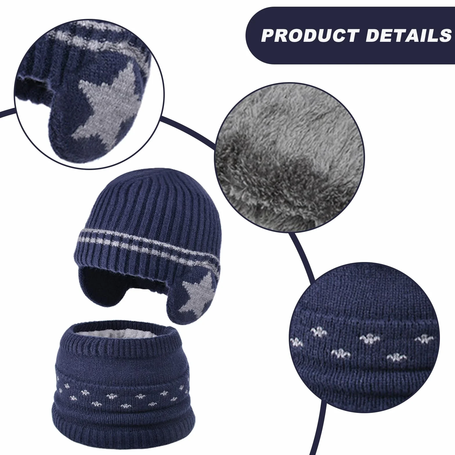 3 Piezas 3 en 1 Conjunto de Gorro Bufanda y Guantes para Niños, Sombrero de Punto con Forro Polar, Invierno Cálido Beanie