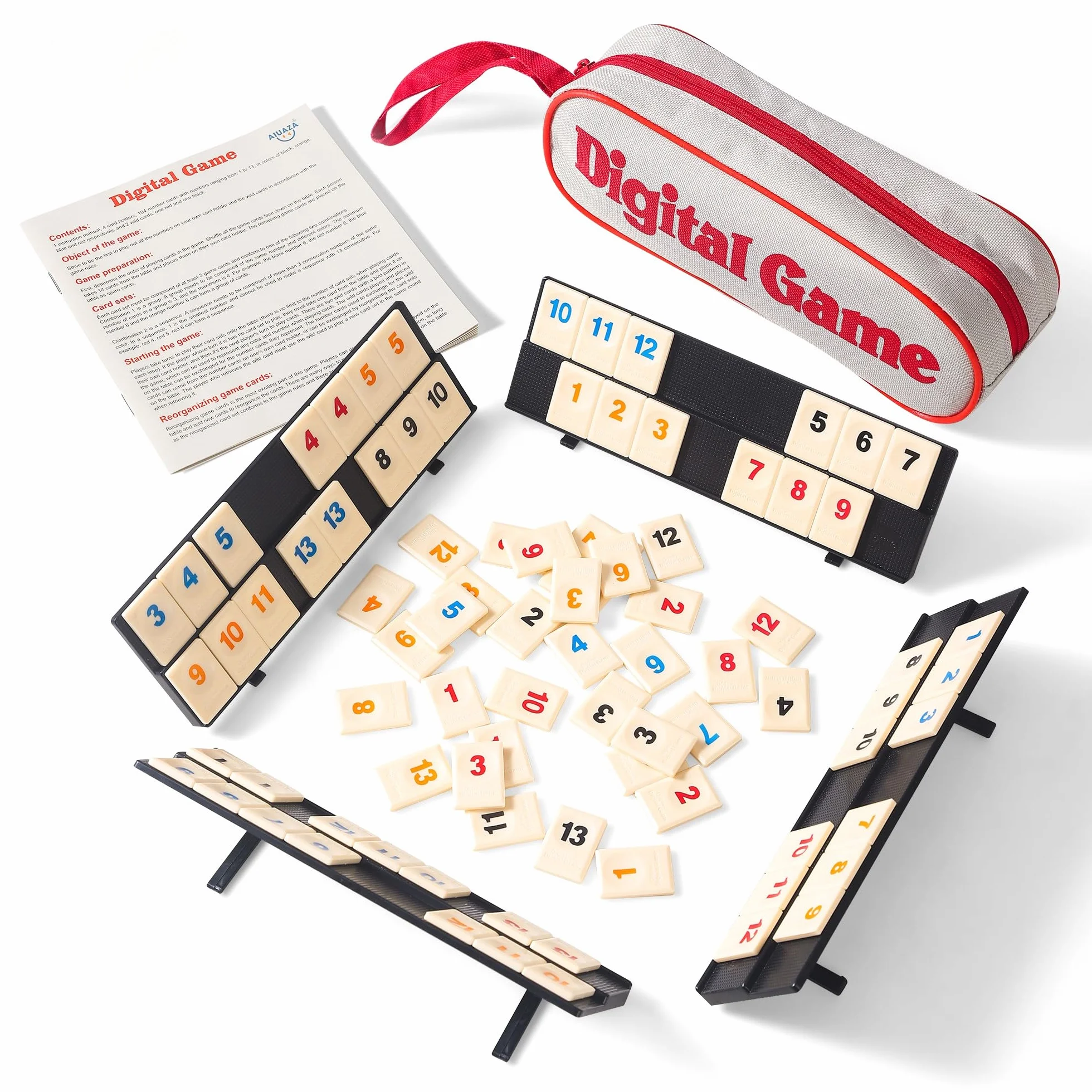 AIUAZA Juego de Rummy Cube con bolsa portátil, mini juego de Rummy Cube para adultos y niños, 106 fichas, soporte de juego, set de viaje con 4 portafichas para juegos de mesa clásicos familiares