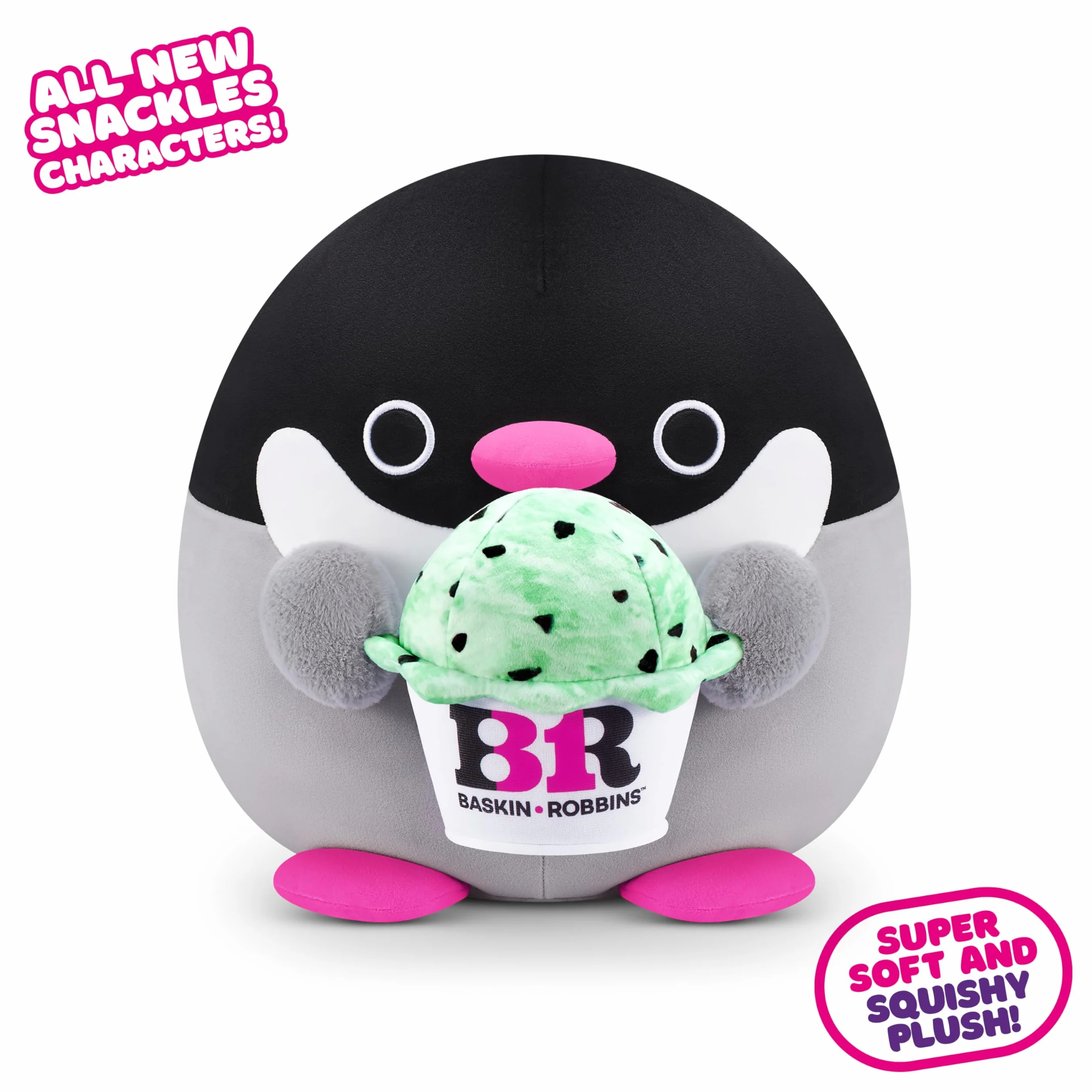 Snackles Serie 2 de 20 cm Snackle de ZURU muñeco blandito y achuchable de Peluche 20 cm con Accesorio de Snack de Marca, Penguin (Baskin Robbin), Regalos Dia de La Madre