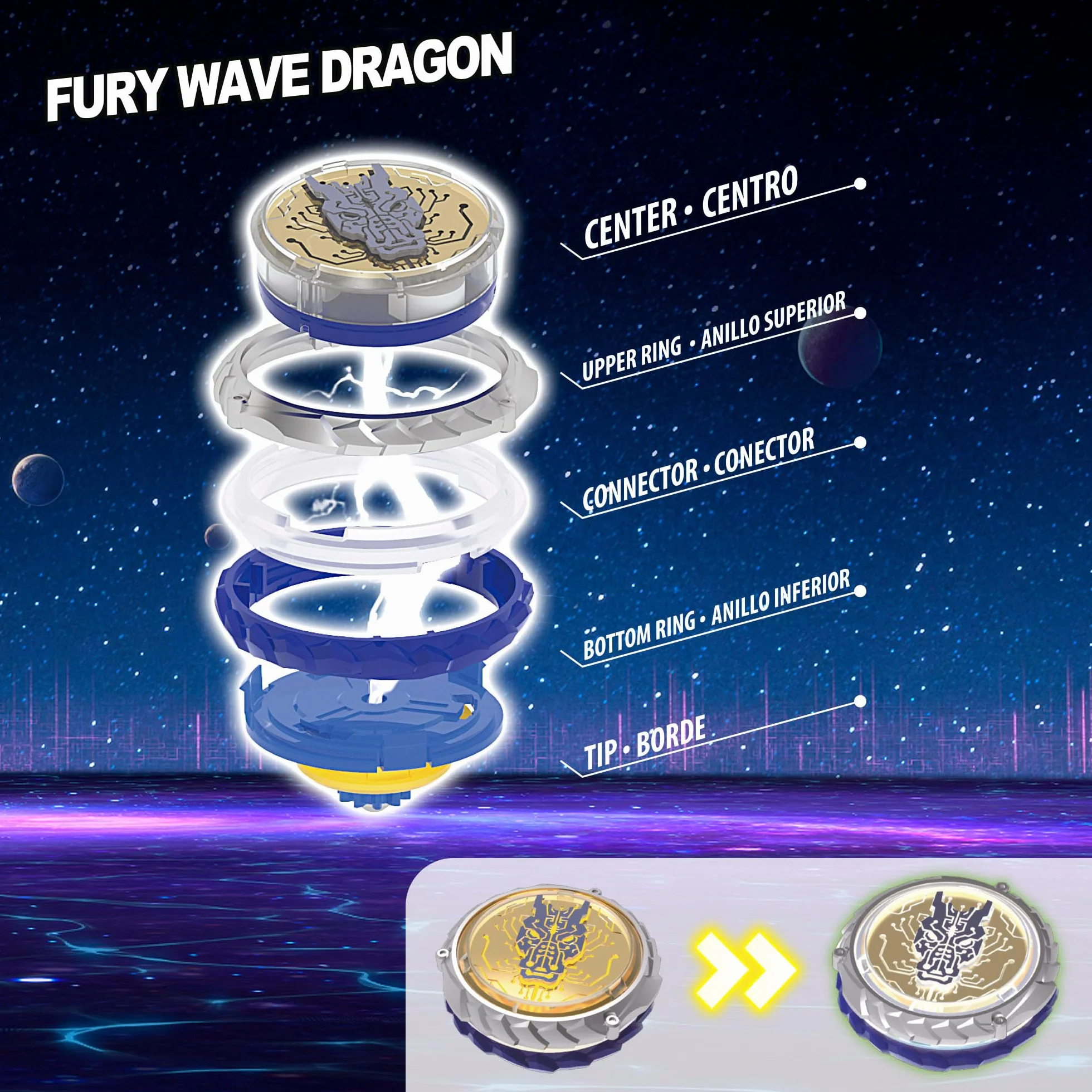 COLORBABY Infinity Nado S6 Advanced Pack Fury Wave Dragon, Espada lanzadora, Peonza de Luces y Piezas Intercambiables, Juguete de Combate Personalizable (48091)