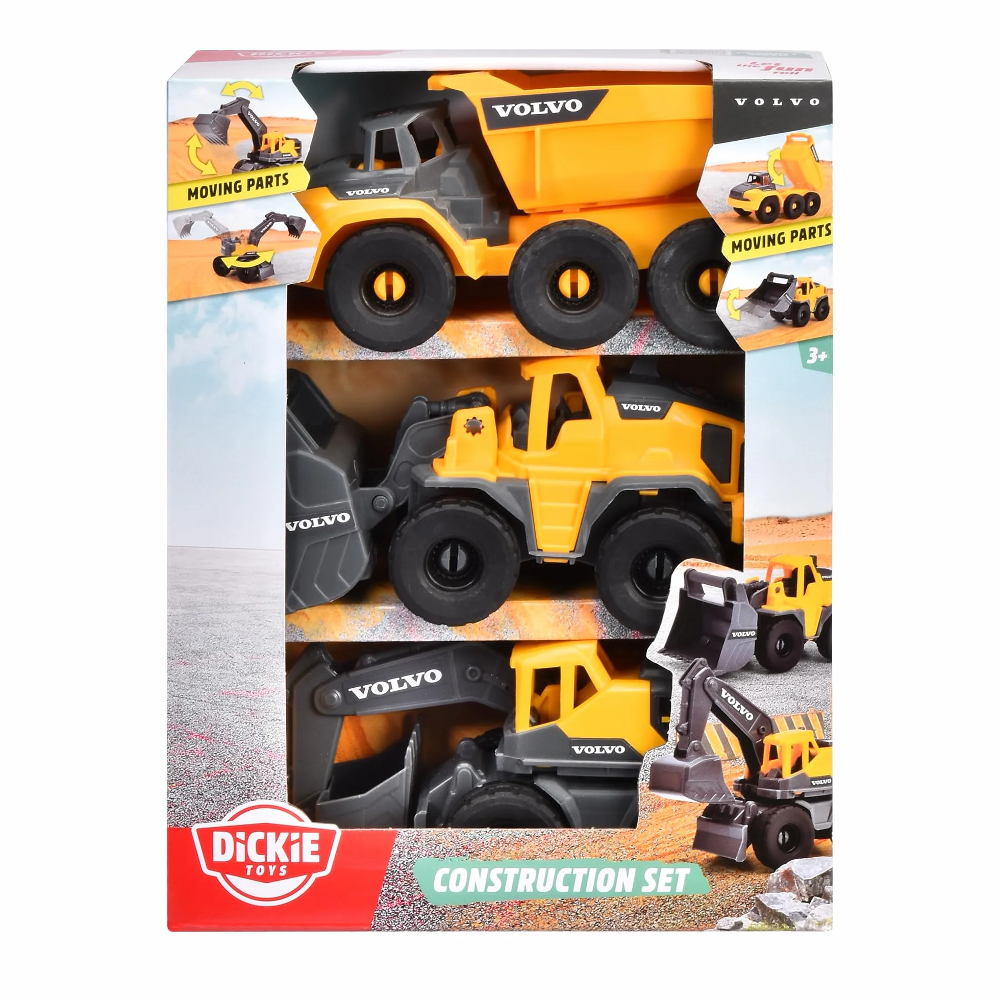 Dickie Toys- Vehículos de Obras Volvo Set Construcción, 3 Vehículos Juguete (Excavadora, Pala cargadora, volquete) para Niños, 16cm, Ruedas Giratorias y Piezas Móviles. A Partir de 3 años (203722015)