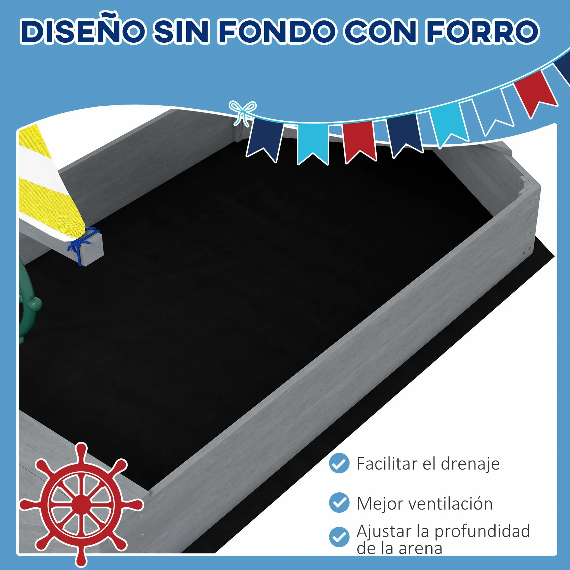 Outsunny Arenero para Niños de Madera Arenero Infantil con Bandera y Timón en Forma de Velero para Patio Jardín 190x90x138 cm GIRS Oscuro