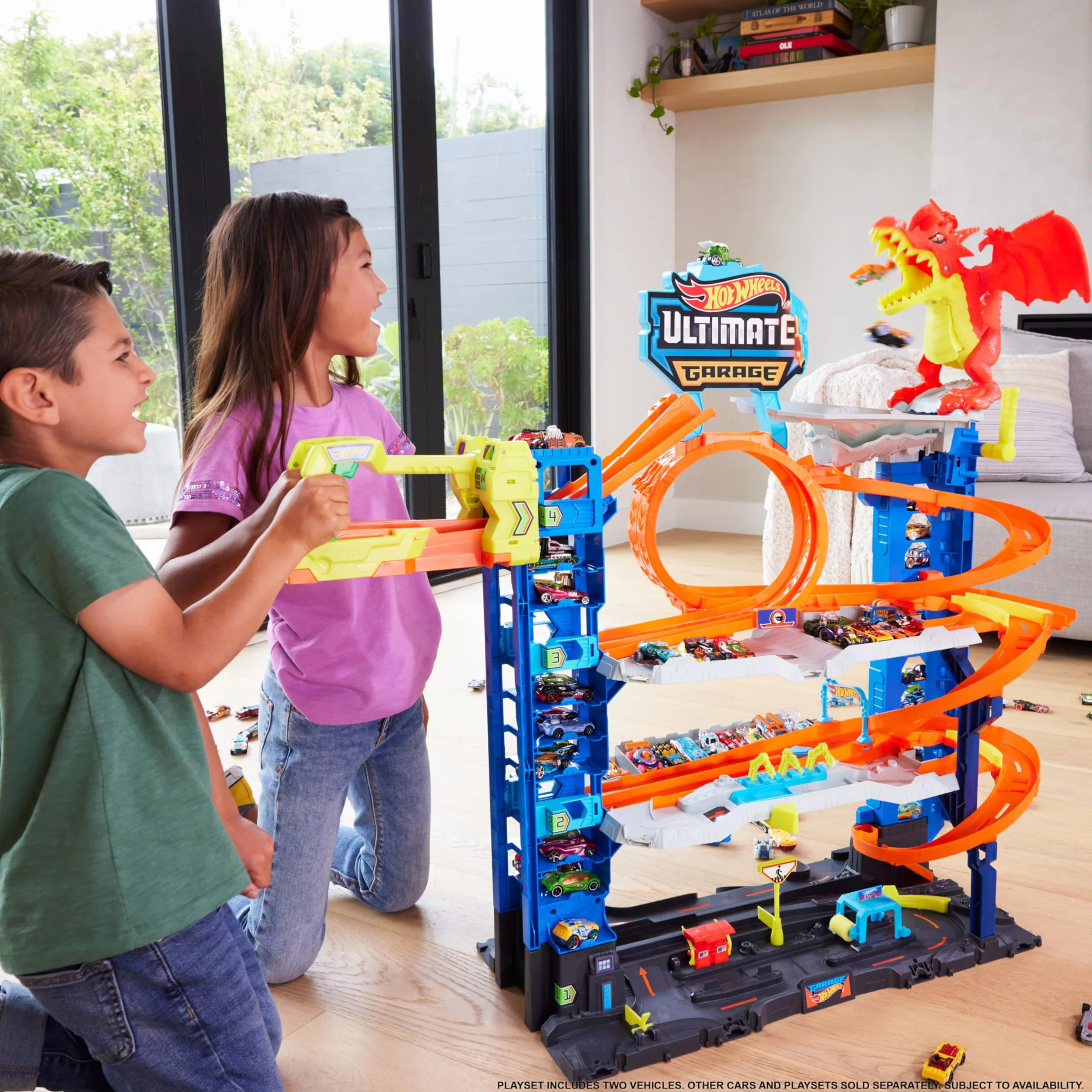 Mattel Hot Wheels City Garaje Definitivo Pista para Coches de Juguete con Dragón y 4 Niveles, Incluye 2 Vehículos, +4 años