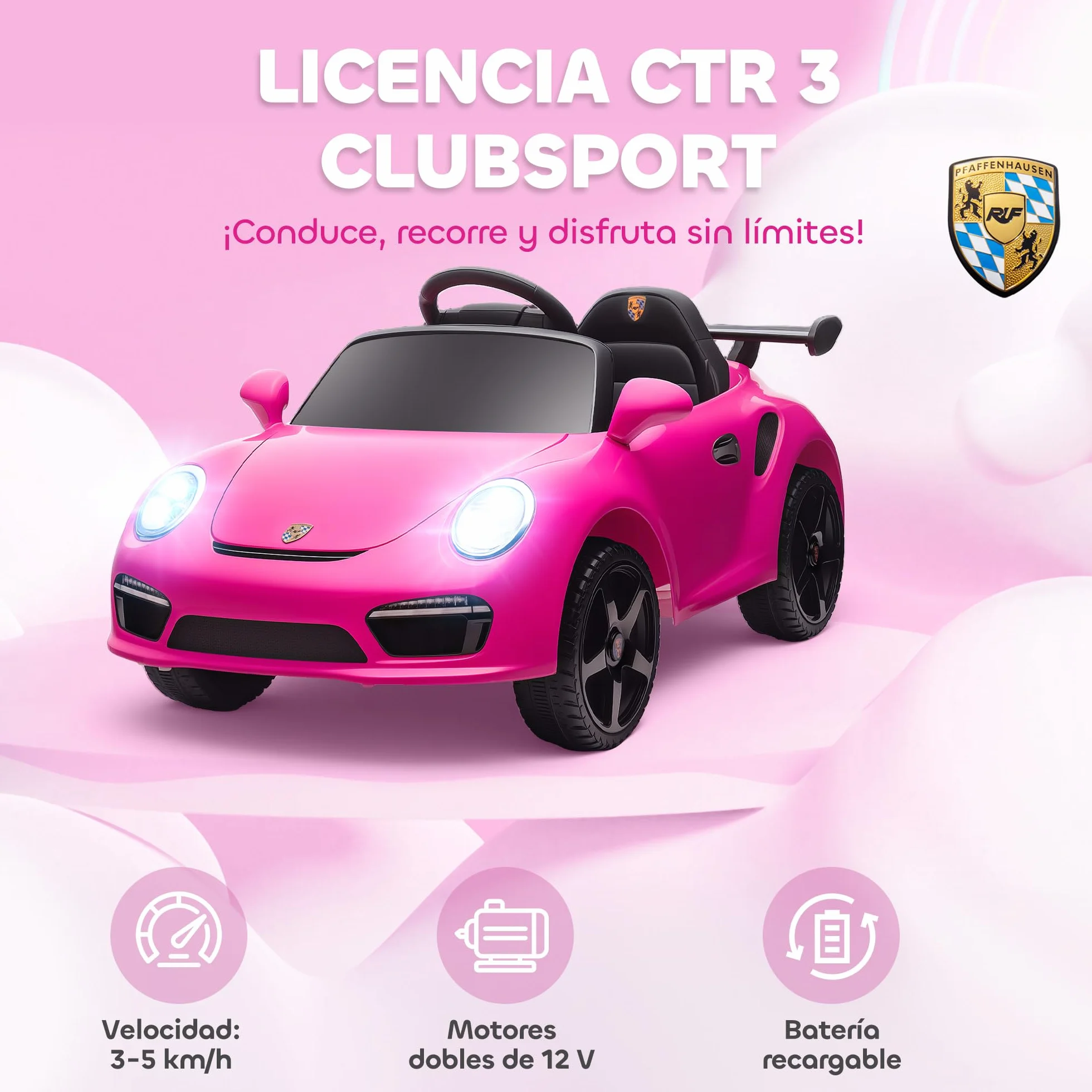AIYAPLAY Coche Eléctrico para Niños con Licencia RUF CTR 3 Clubsport, Coche de Batería 12V, con Mando a Distancia 2,4 G, Motor Doble, Música Inalámbrica, Bocina, Ruedas Auxiliares y Faros LED, Rosa