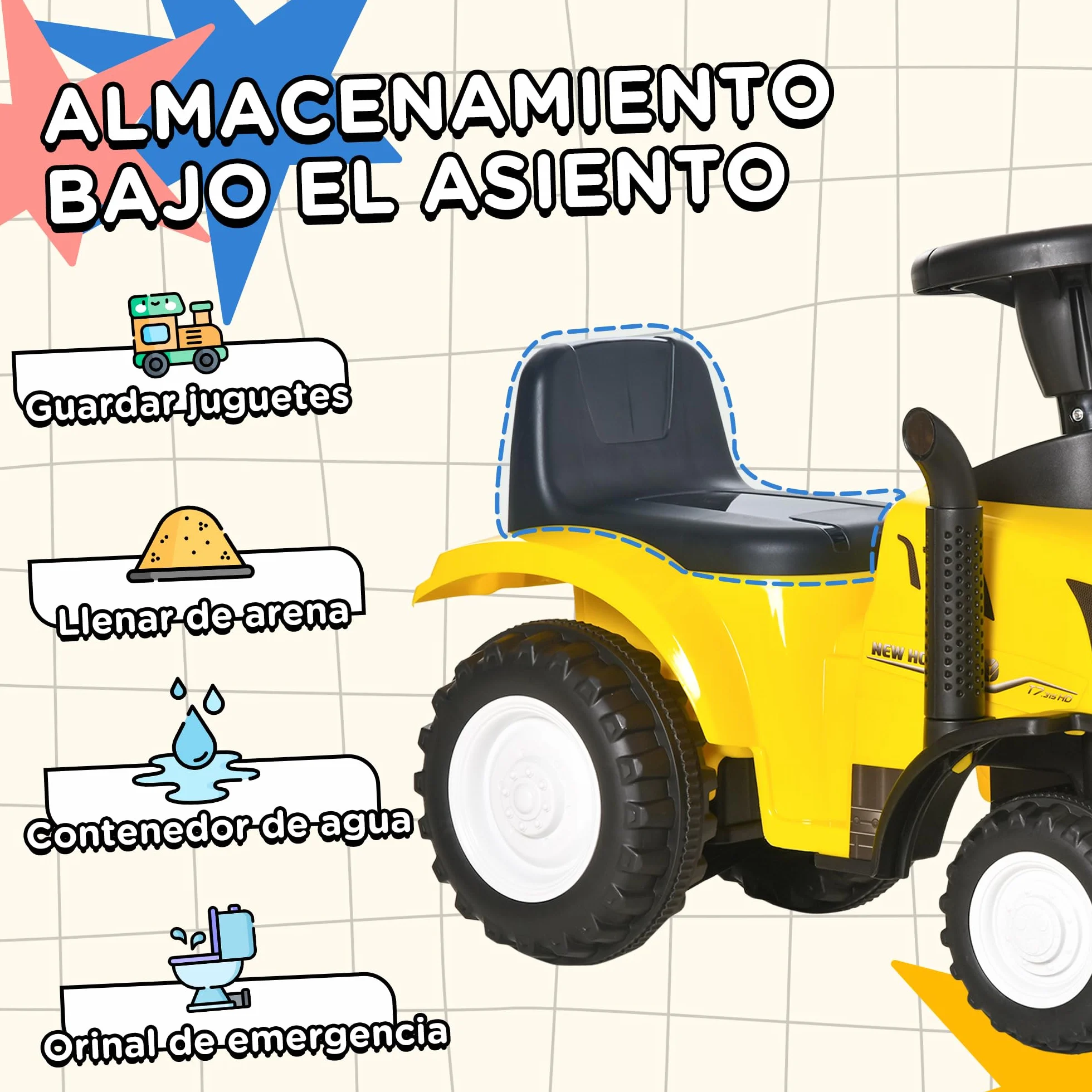 HOMCOM Tractor sin Pedales para Niños de 12-36 Meses con Remolque Extraíble Coche Correpasillos con Bocina Faros Pala Asiento de Suelo 25 cm y Rastrillo Carga 25 kg 91x29x44 cm Amarillo