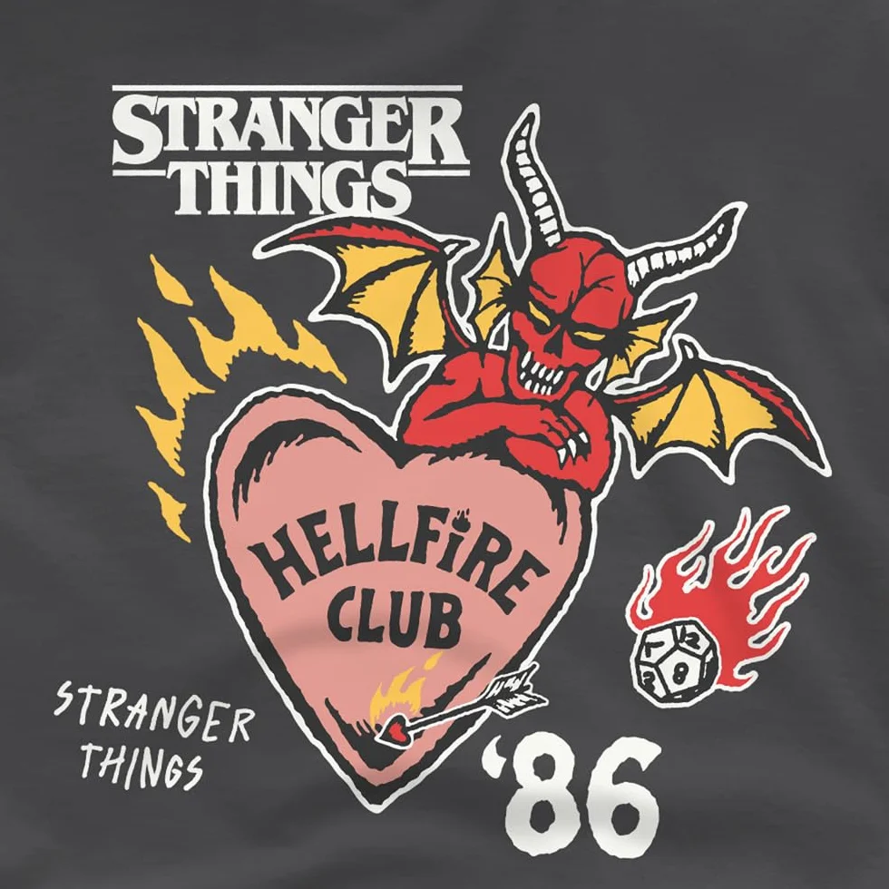 Stranger Things Hellfire Hearts Kids T Shirt, Charcoal