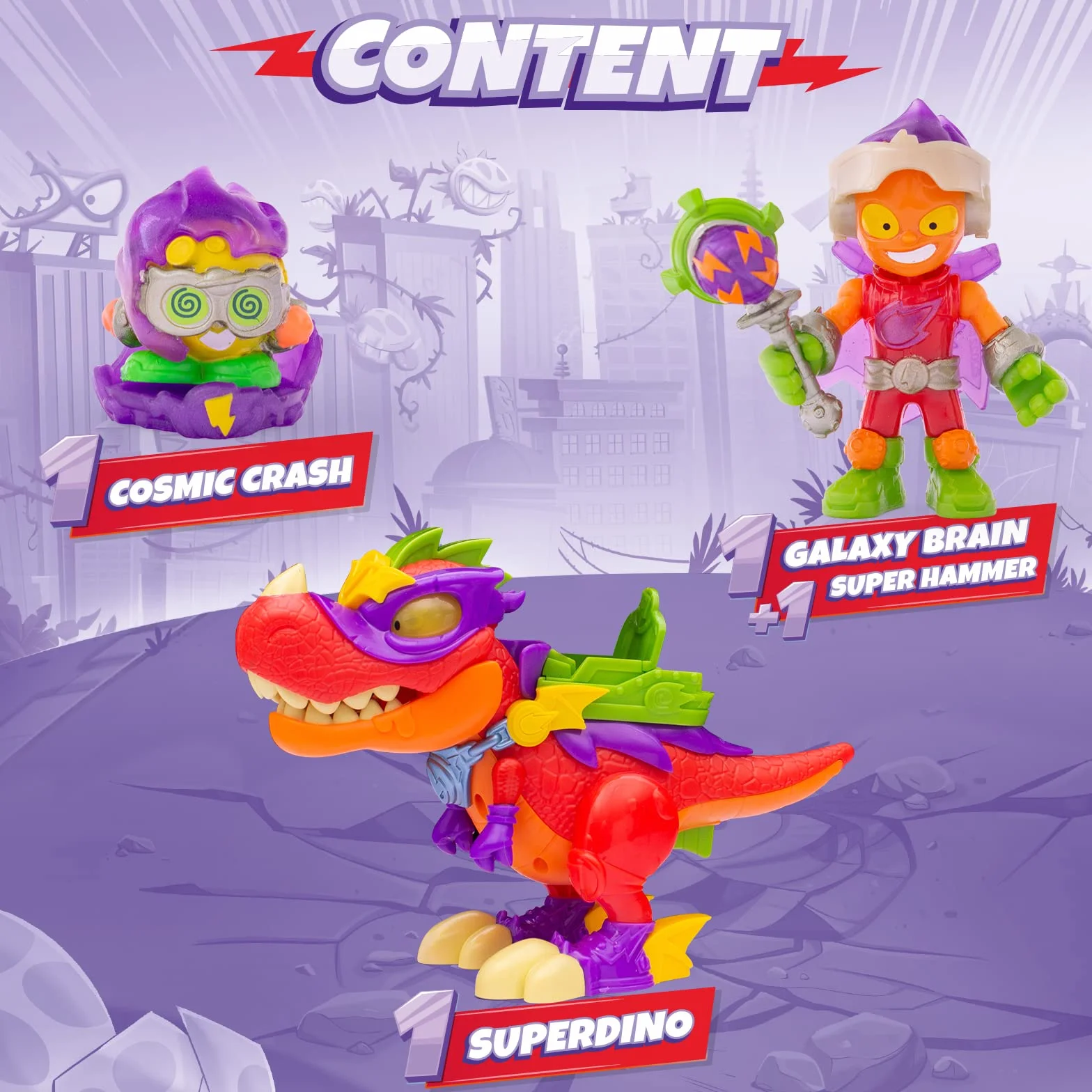 SUPERTHINGS RIVALS OF KABOOM Superdino V-Rex, Dinosaurio articulado Villano con Efectos de luz y Sonido, 1 Kazoom Kid y 1 SuperThing