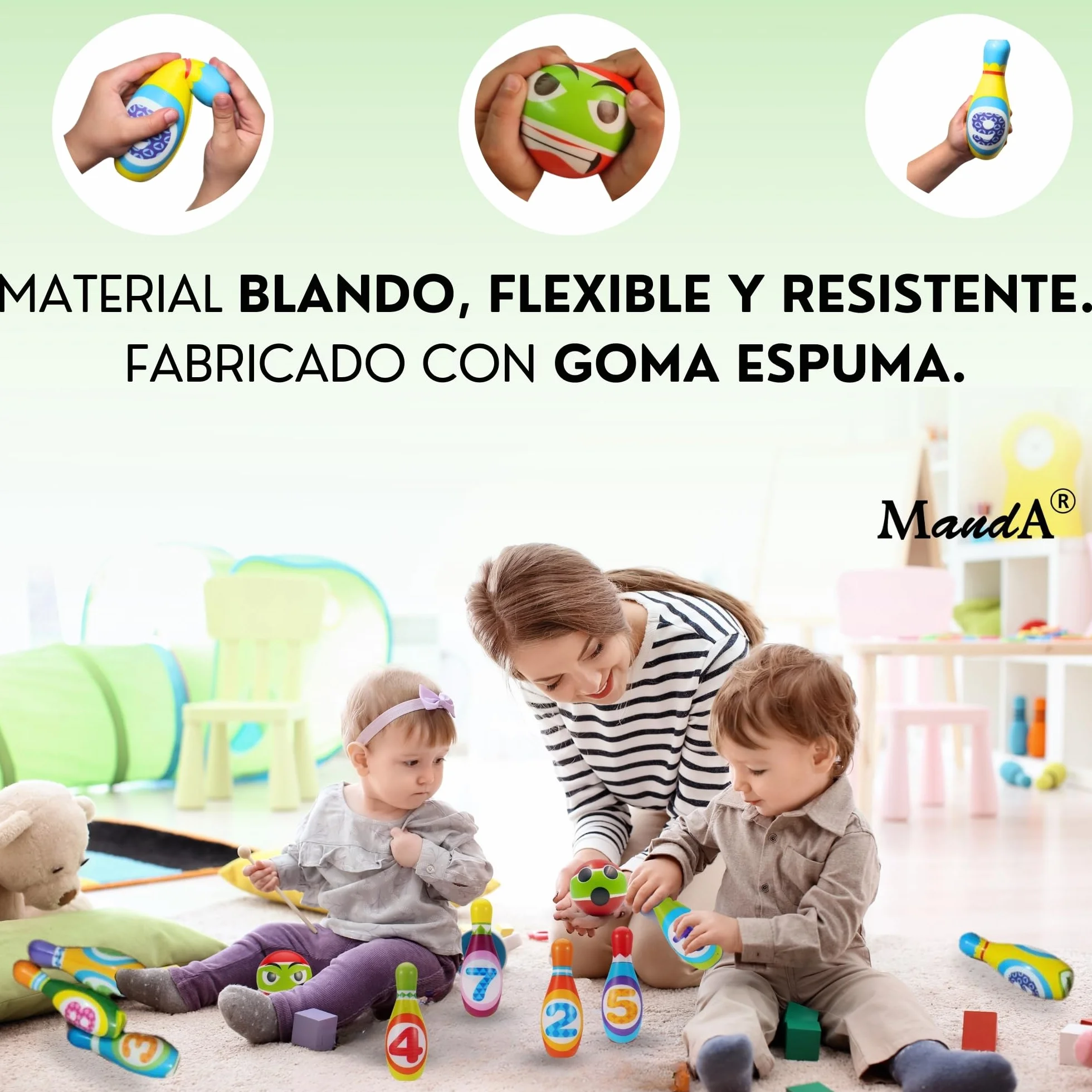 Juego de BOLOS INFANTILES - Juguetes niños 2 años a 4. BLANDO Y SEGURO. 10 Bolos de Gomaespuma de 14cm + 2 Bolas | Incluye Bolsa de Transporte. Para interior y exterior | Regalo niño 2 años a 4 |