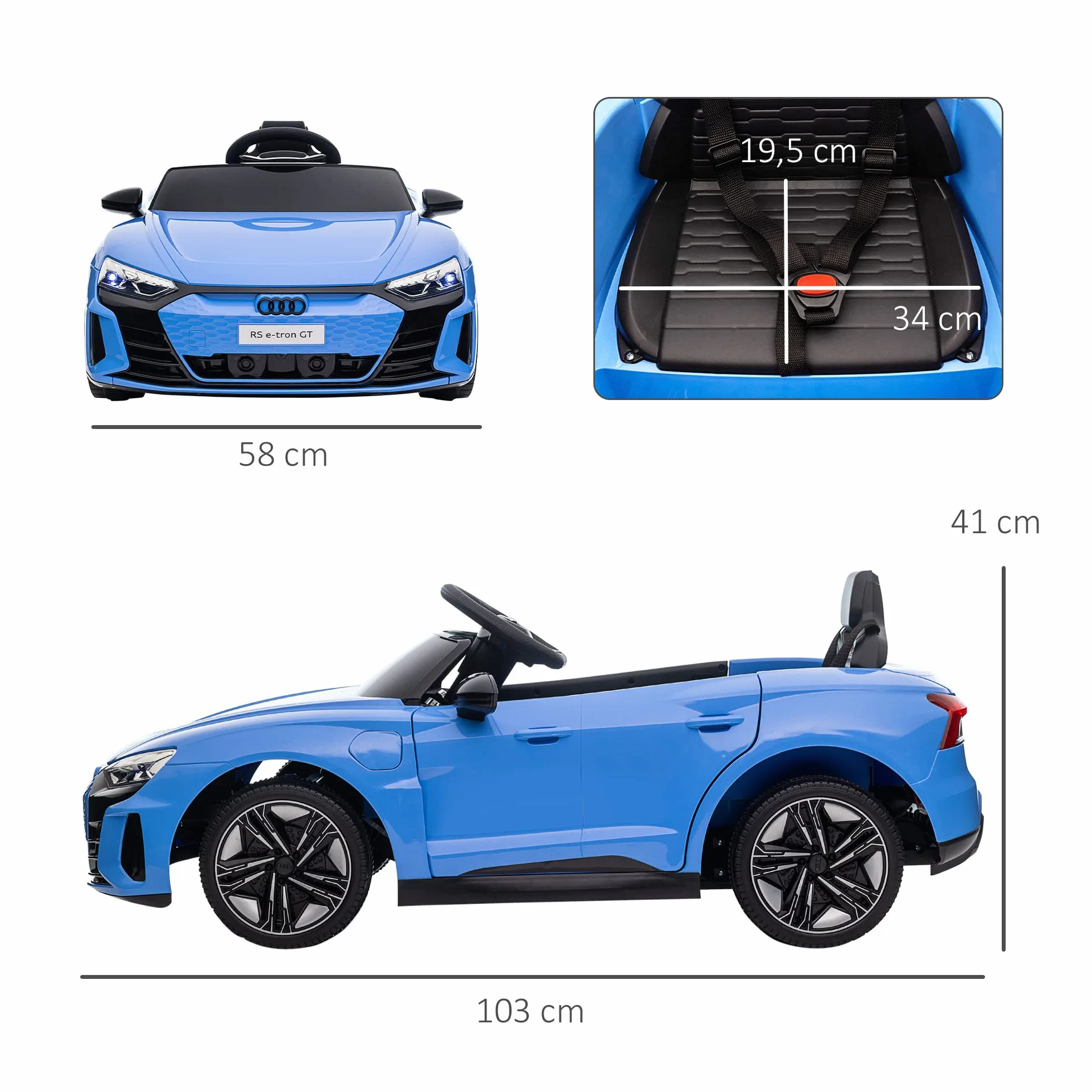 HOMCOM Coche Eléctrico para Niños de +3 Años Audi RS e-Tron GT Coche de Batería 12V con Mando a Distancia Faros LED Bocina Música USB y Apertura de Puerta 3-5 km/h Azul