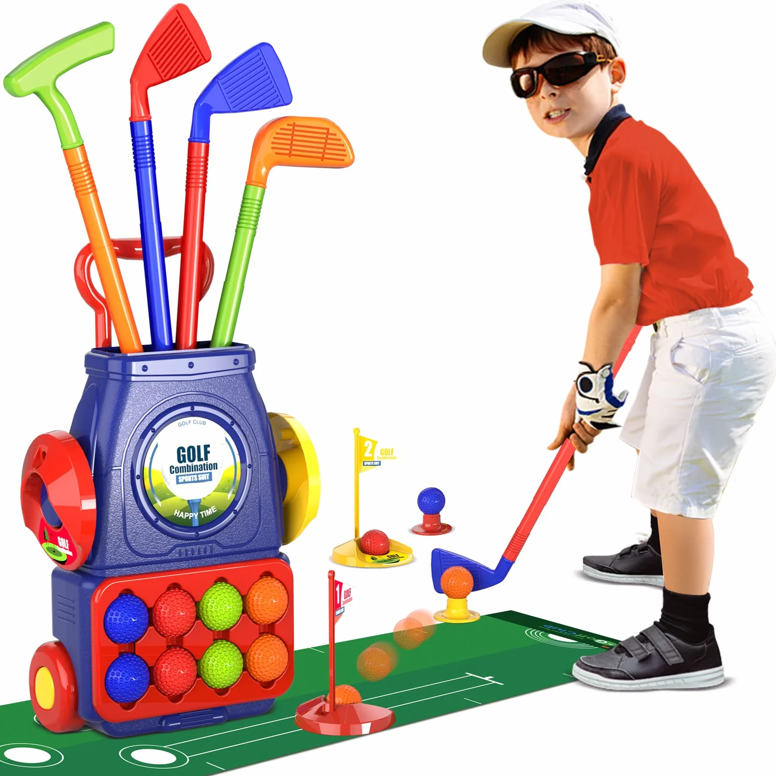 QDRAGON Juego de Golf para Niños, Mini Golf con 4 Palos de Golf, 8 Pelota de Golf, Carro de Golf, Juguetes de Golf Regalo para Infantil Niños, Niñas 3, 4, 5 6 Años
