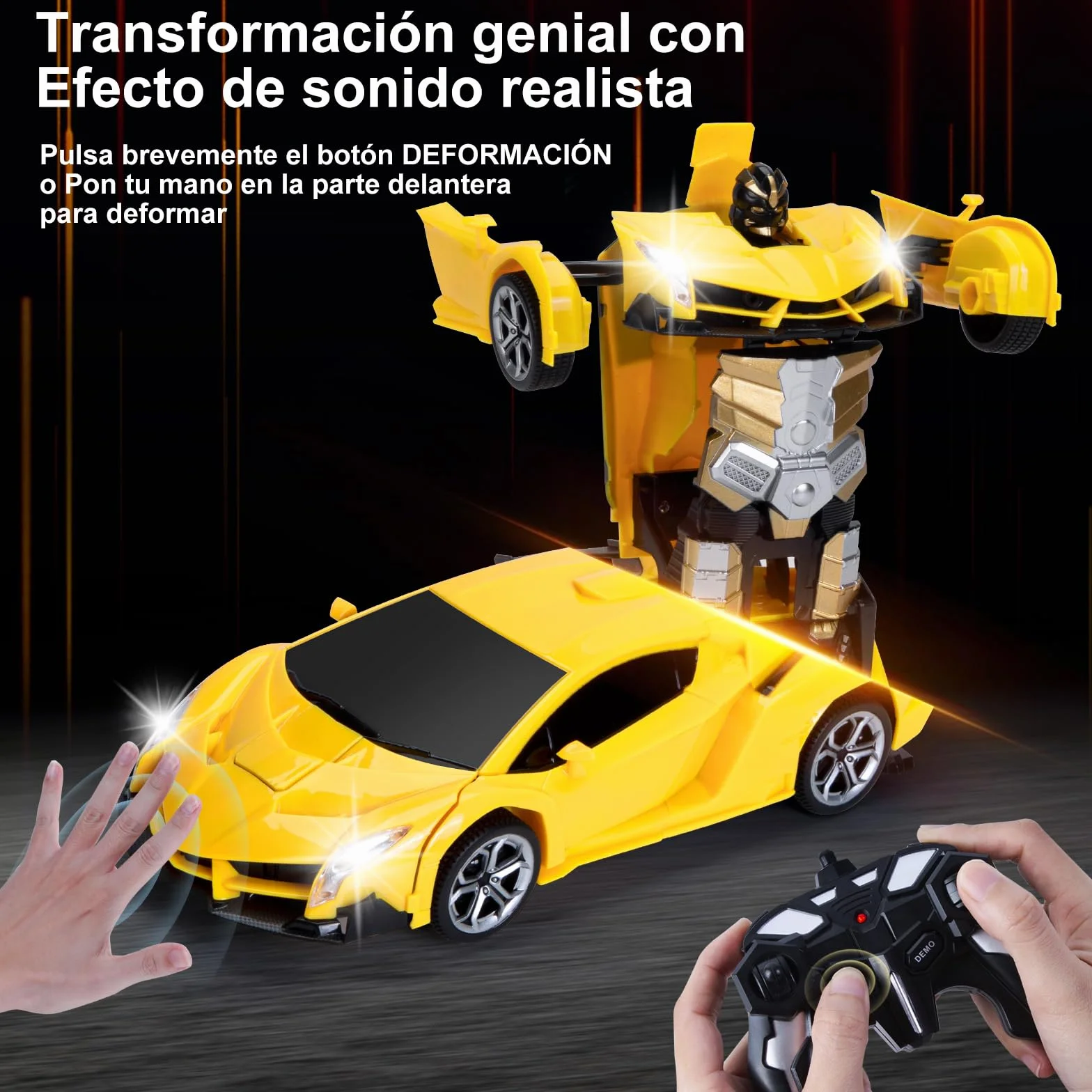 Yellcetoy Transform Juguete Coche Teledirigido, Coche Robot con el Gesto de la Mano Sening Luz Intermitente Música y Efecto de Sonido, Transformador RC Car con Baterías para Niños 3-10 Años Amarillo