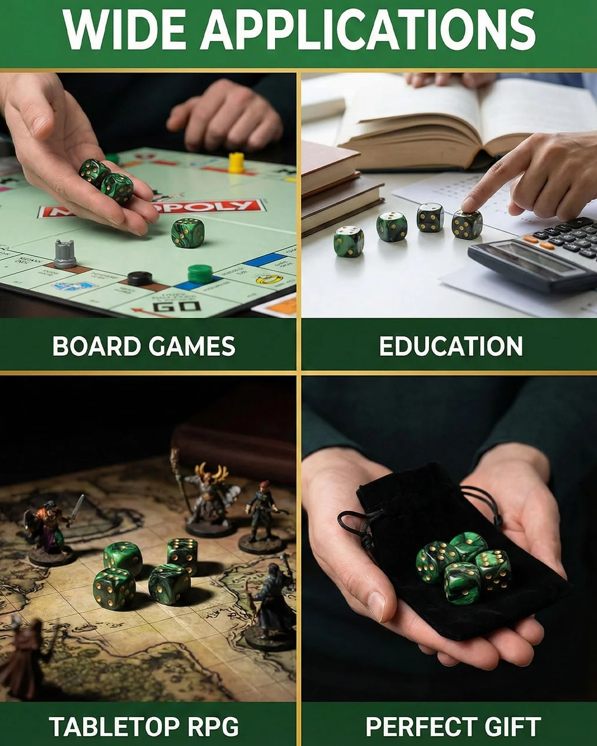 10 PCS Dados,16mm D6 Dados de Rol,Juego de Dado con Bolsa de Terciopelo para juegos de Rol,Mesa,Dice Football,Lecciones de Matemáticas(Negro-Verde)