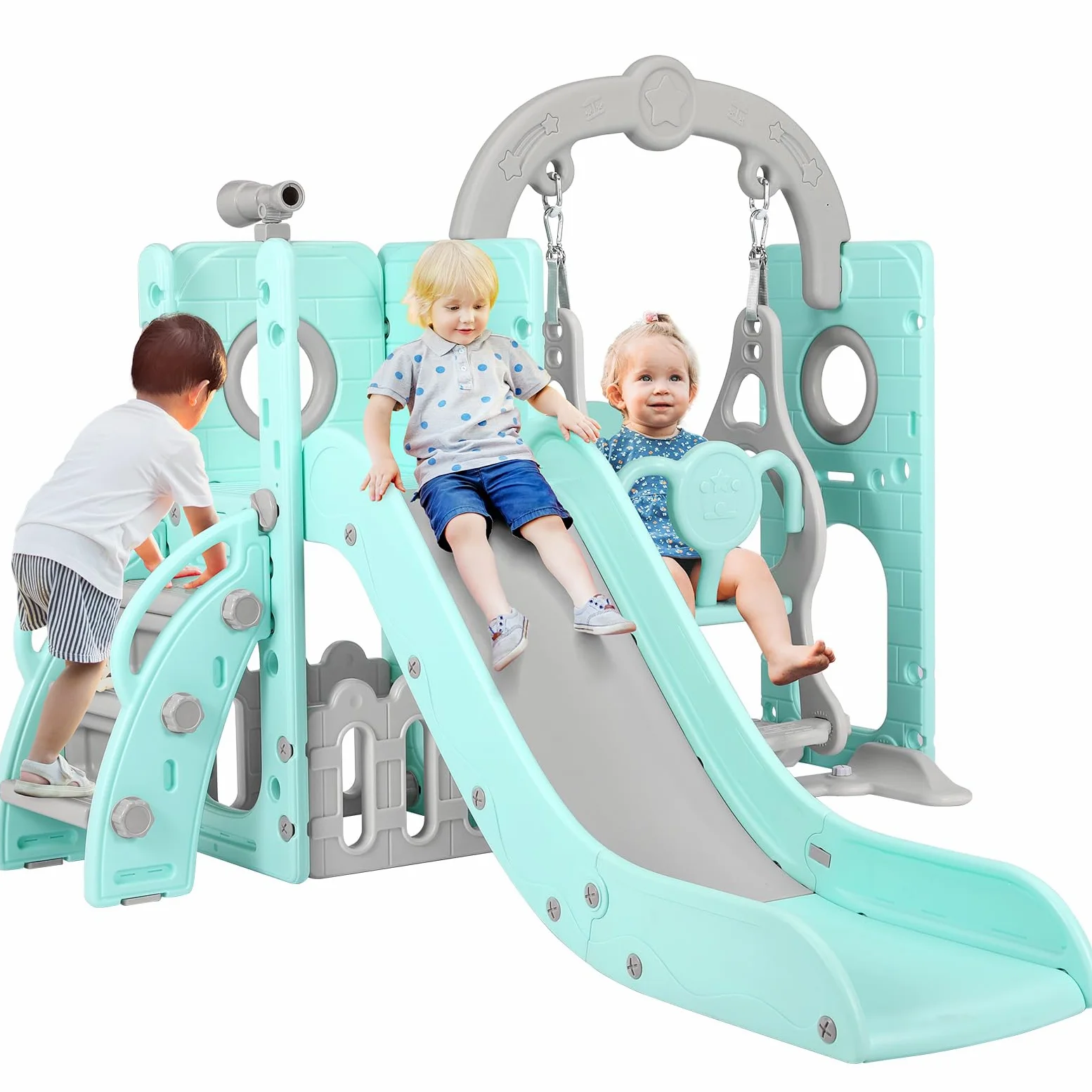 Tobogán y Columpio, Parque Infantil 5 en 1, con Tobogán Largo, Columpio, Escalada, Telescopio de Juego, Almacenamiento, Tobogán para Interior y Exterior, Juego de Tobogán para Bebé, Verde Gris