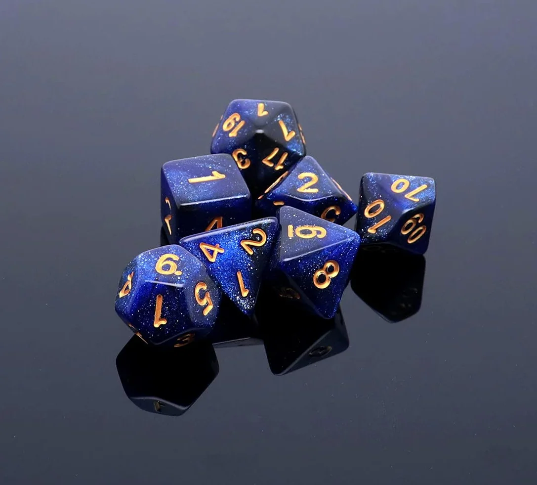 DND Dados Poliédricos D&D Juego de Rol Con Bolsa de 7 Piezas, Diseño Nebulosa Azul Oscuro y Negro