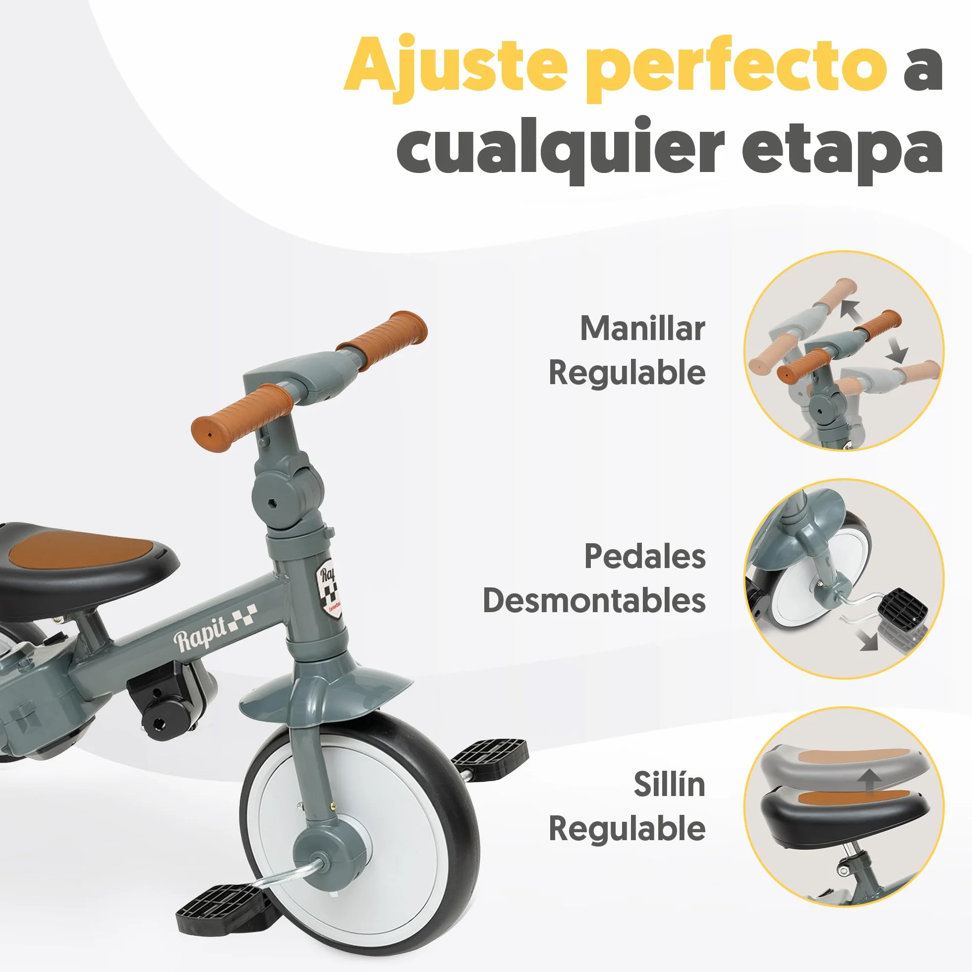 Interbaby Triciclo Evolutivo Bebé 5 en 1 | Triciclo Bebé 1 Año Convertible en Bicicleta sin Pedales | Bici Bebé y Correpasillos 1-5 Años | Ajustable, Transformable y Estable (Gris)
