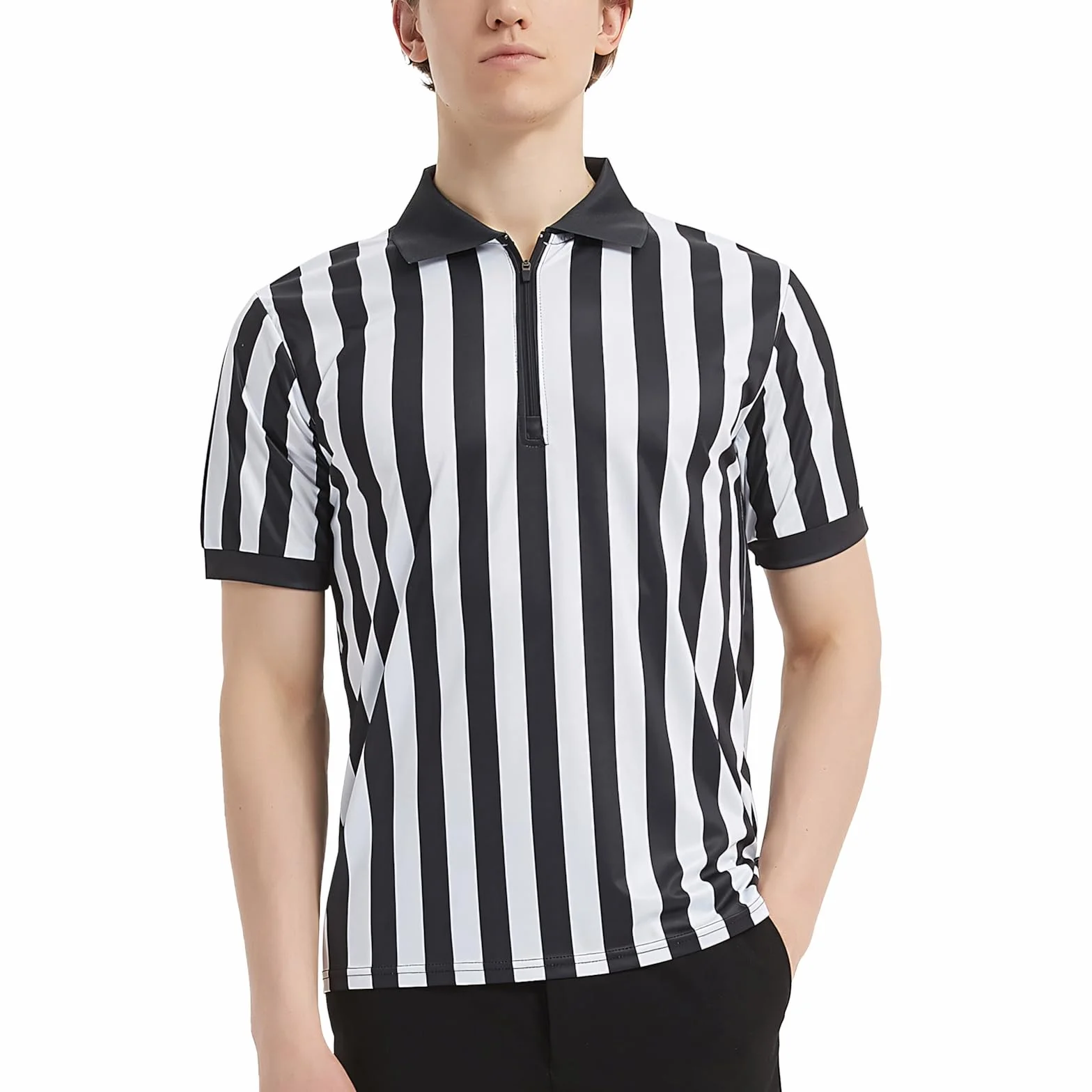 TopTie Polo árbitro Manga Corta Camiseta Rayas Negras y Blancas Cremallera 1/4