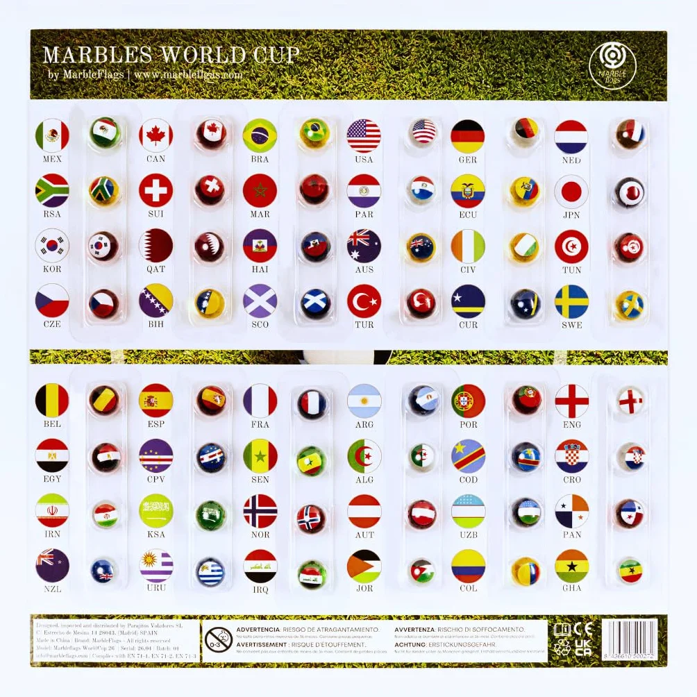 Colección 48 Canicas con Banderas del Mundial 2026 | Ideal para Circuitos de Canicas y MarbleRun | 16 mm