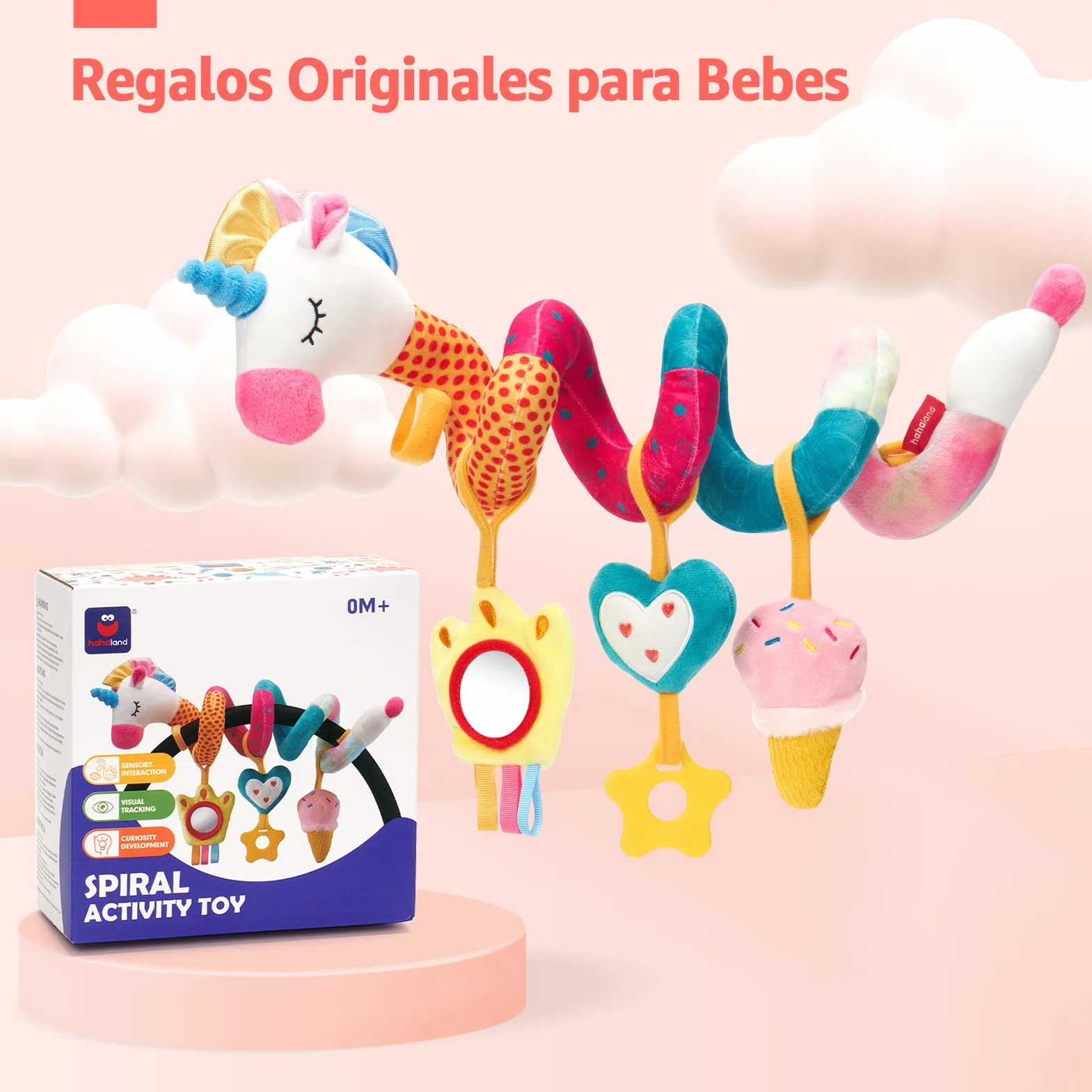 hahaland Colgantes para Cochecitos Juguetes Bebes 0 3 6 12 Meses, Espiral Actividades Juguetes Colgantes con Mordedor y Sonajero, Suave Peluches para Bebes Niños y Niñas Regalos Originales