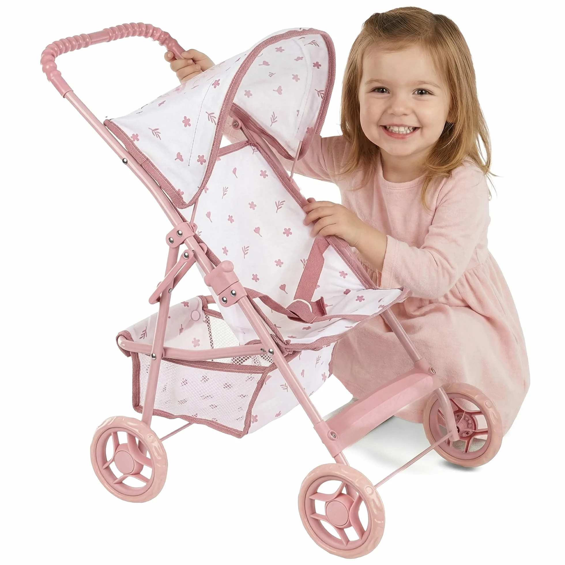 Kinderplay Cochecito de muñecas a Partir de 3 años: Cochecito Plegable Ligero para niñas con Ruedas EVA, cinturón y Visera – Cochecito de Juguete Rosa para muñecas
