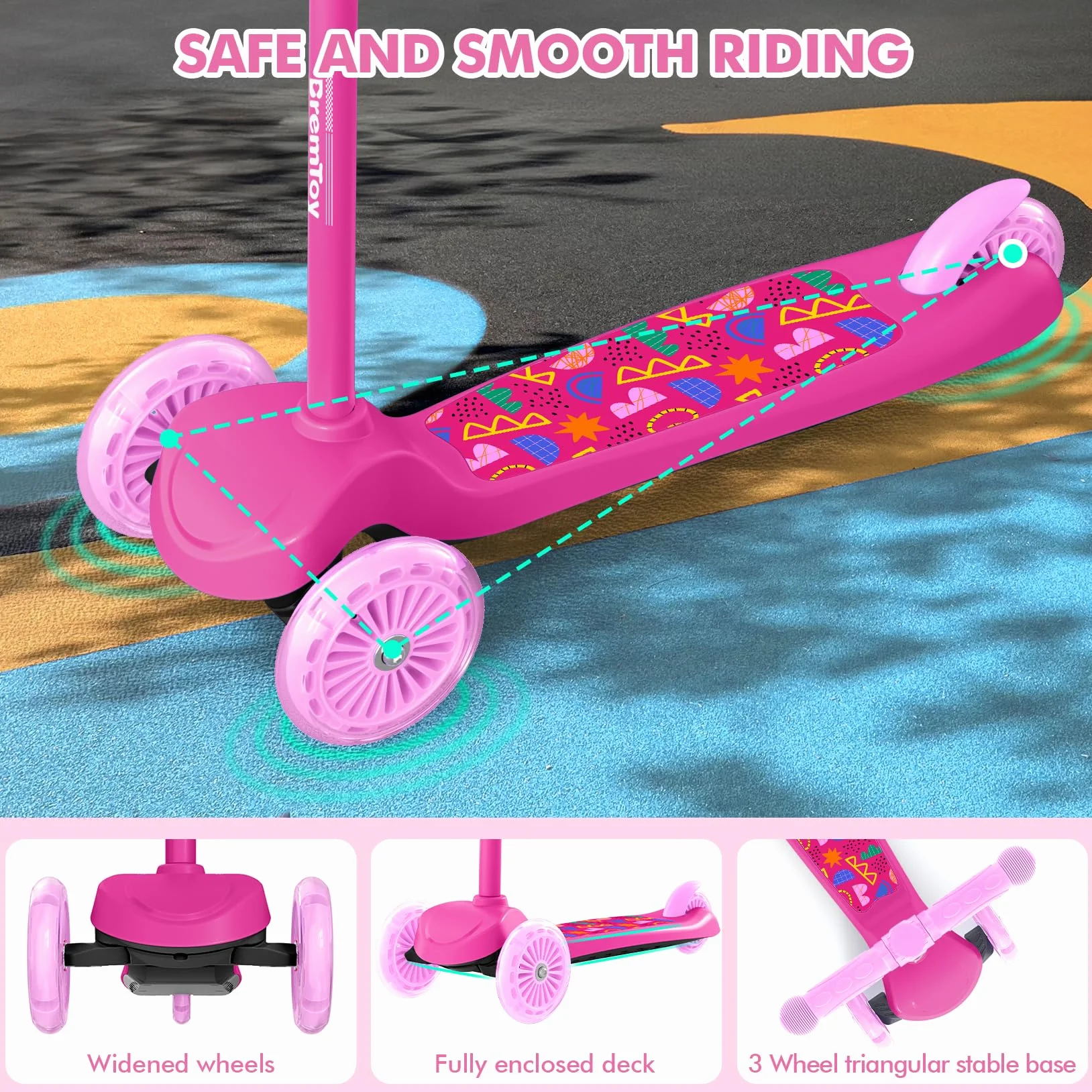 BremToy Patinete Niños 3 Años, Patinete Niños con Deck Luminosa y Ruedas LED de PU, Altura Regulable en 4 Niveles, Frenado Responsivo, Ligero, Patinete para Principiantes de 3 a 8 Años