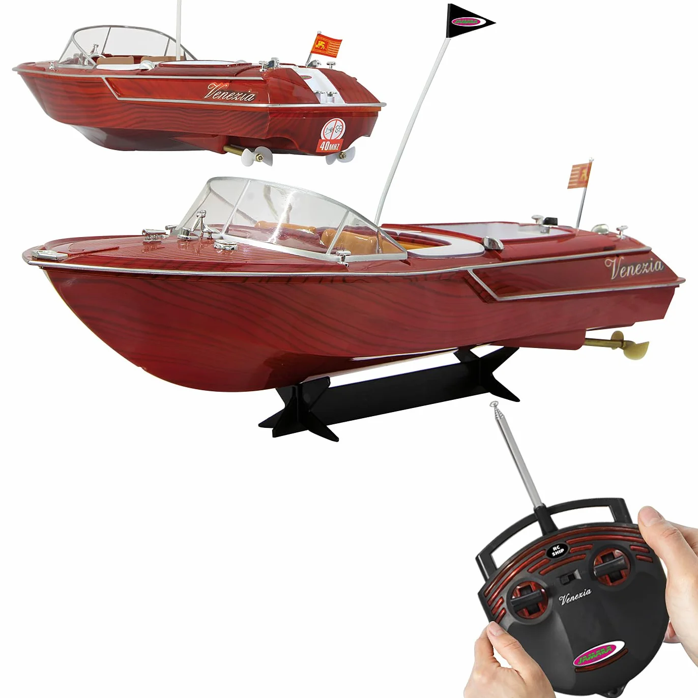 Jamara 040390 - Venezia 2 Canal 40Mhz - 2 Motores, Le hélices se giran Solamente en Agua, Tapa con Cerradura rapida, Ejes de propulsión