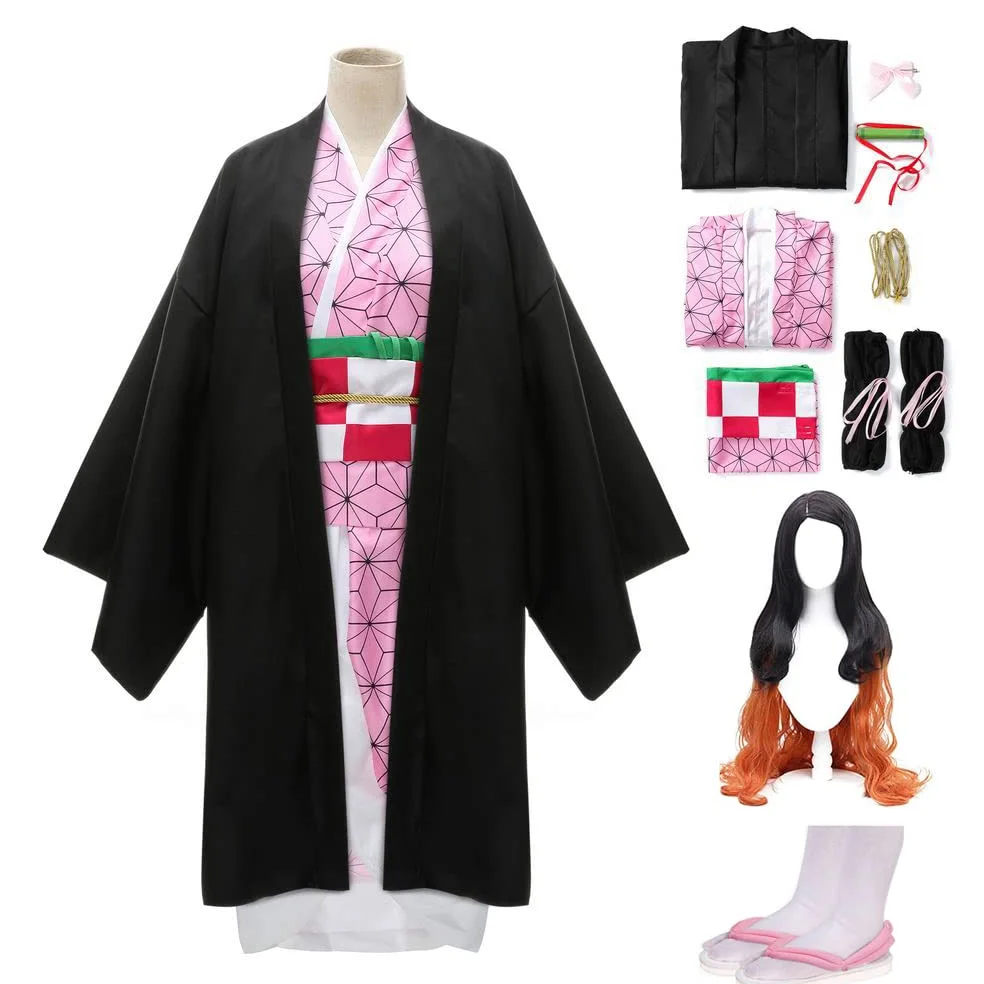 Conjunto completo de disfraz de anime de Halloween para mujer, para fiesta, cosplay, capa, kimono con pantuflas y peluca