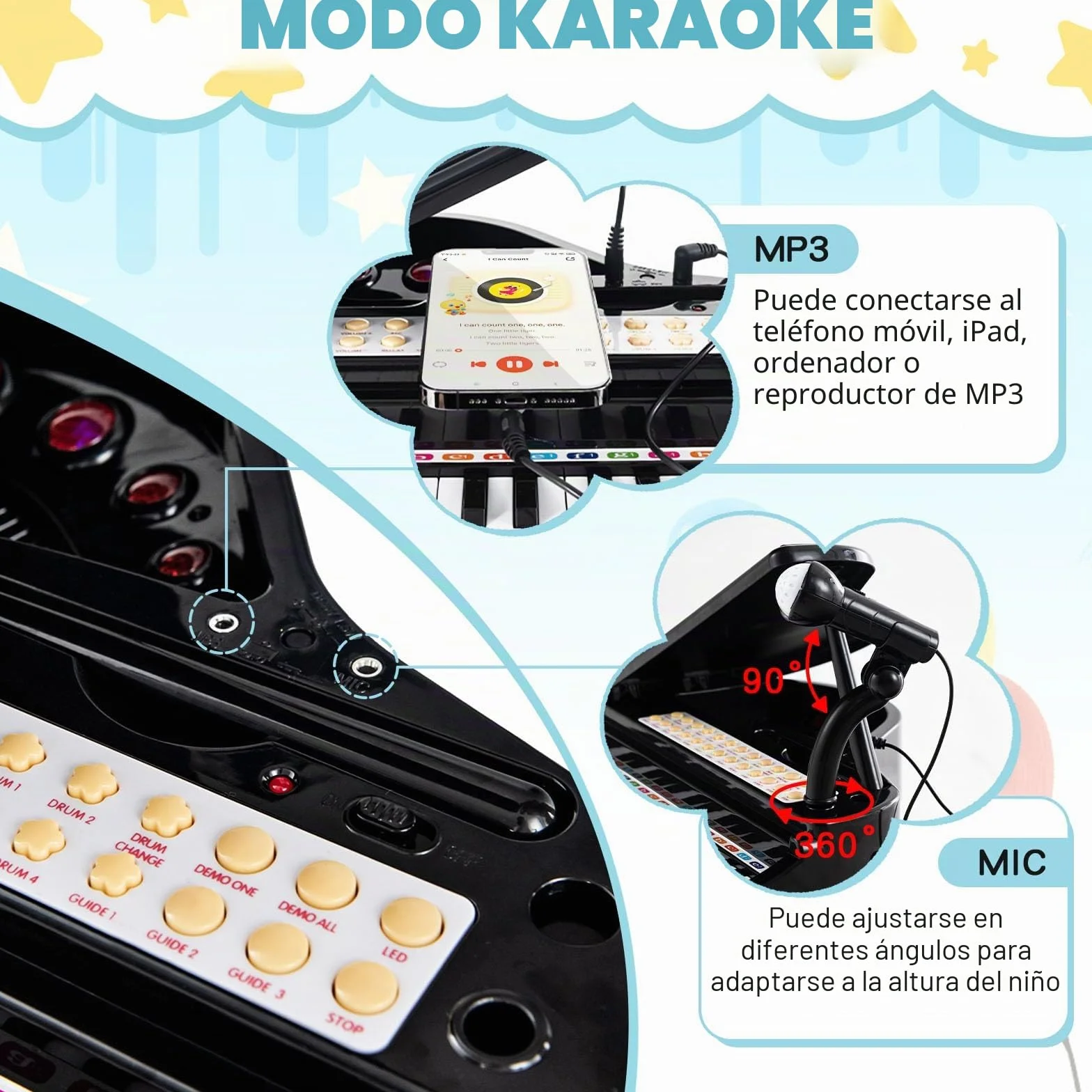 RELAX4LIFE Piano para niños con 31 teclas y taburete, teclado piano electrónico con micrófono ajustable, juguete musical regalo para niños a partir de 3 años (negro)