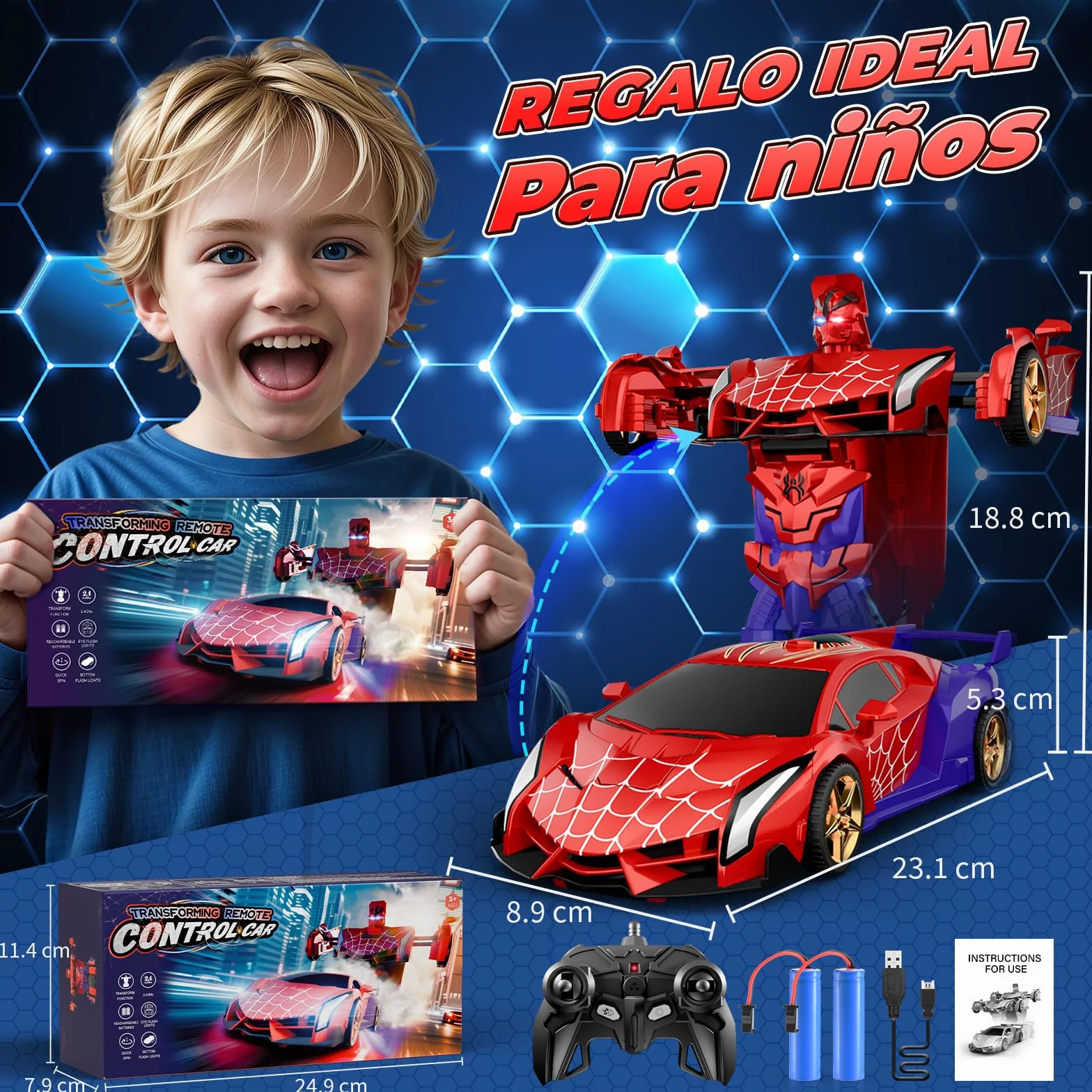 Coche Teledirigido Transform, Ojos Intermitentes & Luces Chasis, Coche RC 2,4GHz & Robot Rotación 360°, Juguetes Juegos para Niño Niños de 3 4 5 6 7 8 9 10 11 12 Años Regalo Cumpleaños Pascua