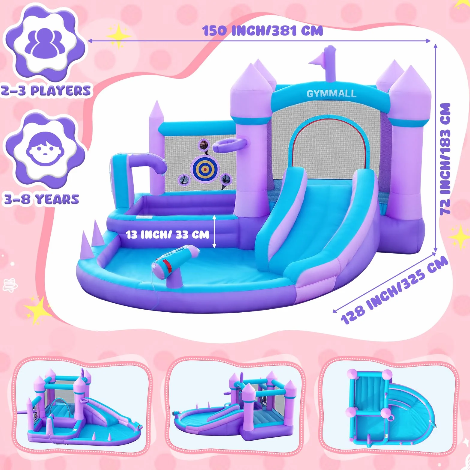 Castillo Inflable para Niños de 3-8 años, Casa de los Sueños Morada con Tobogán de Agua y Soplador de 480W, Gran Castillo Inflable con Zona de Salto, Piscina de Bolas, Alberca