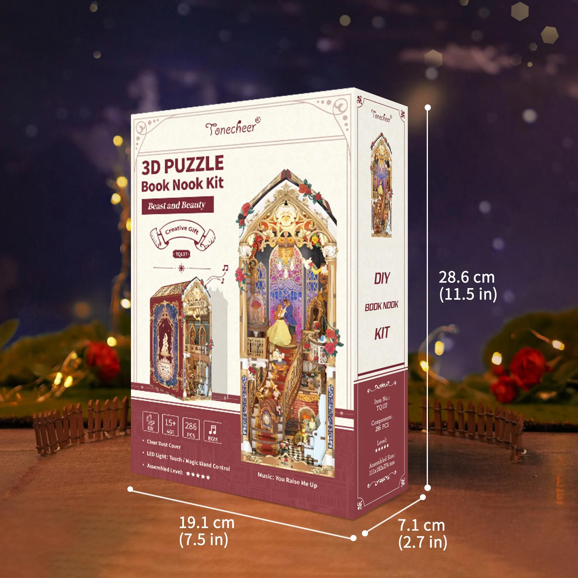Tonecheer Kit de rincón de Libros para Adultos, Rompecabezas de Madera 3D para sujetalibros, Casa en Miniatura con Luces LED (Bestia y Belleza)