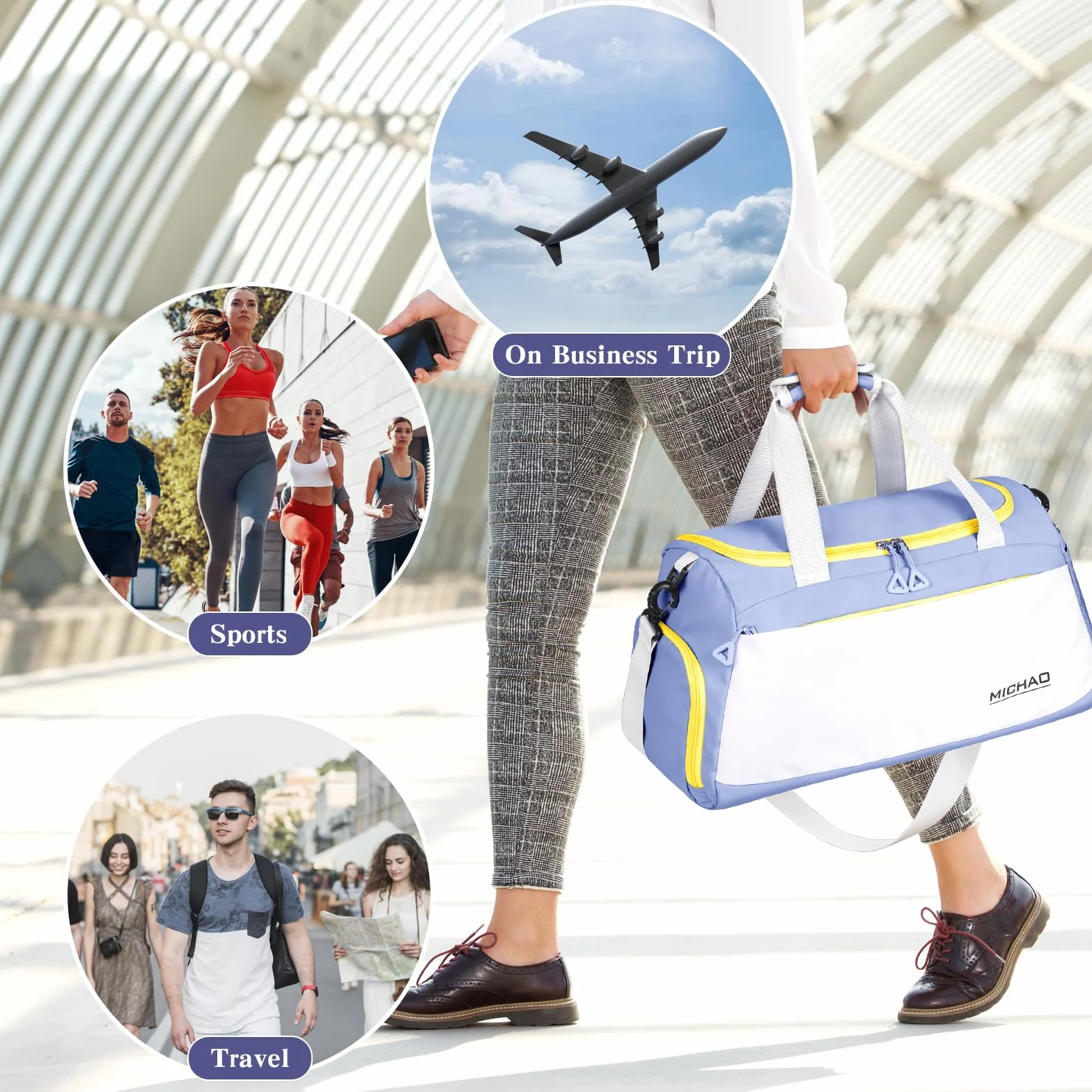Bolsa Deporte Mujer Grande con Compartimento Zapatos y Mojado, Bolsa Viaje Mochila Gimnasio, Blanco+Azul