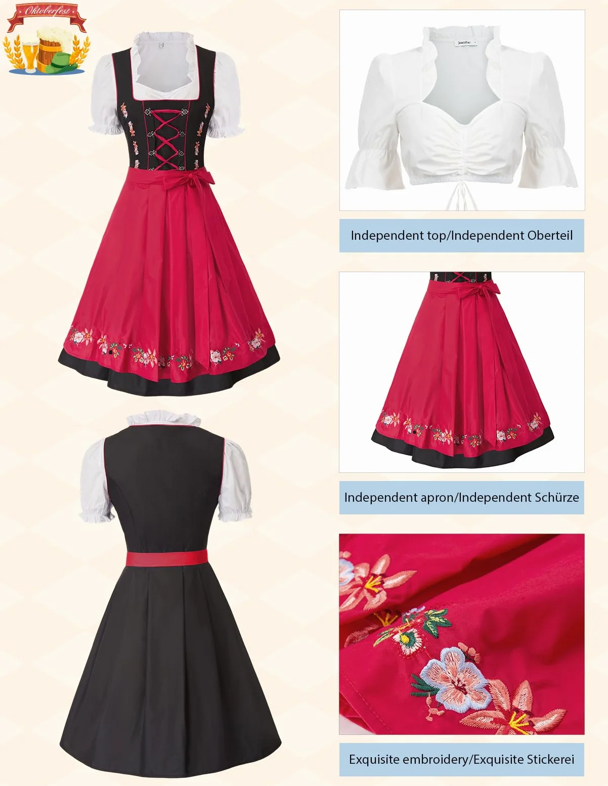JASAMBAC Disfraz de tirolesa alemana para mujer, 3 piezas, para Oktoberfest, carnaval | Trajes tradicionales bávaros, festivales de cerveza de octubre, Halloween, fiestas temáticas, cosplay