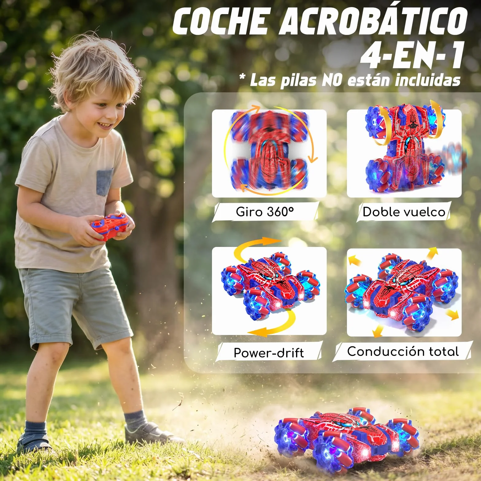 Spider Coche Teledirigido con Reconocimiento de Gestos a Partir de 4 5 6 7 8 9 10 11 12 años, Coches RC Doble Cara con Iluminación Completa, 2,4 GHz Coche Stunt RC Recargable con Mando a (Rojo)