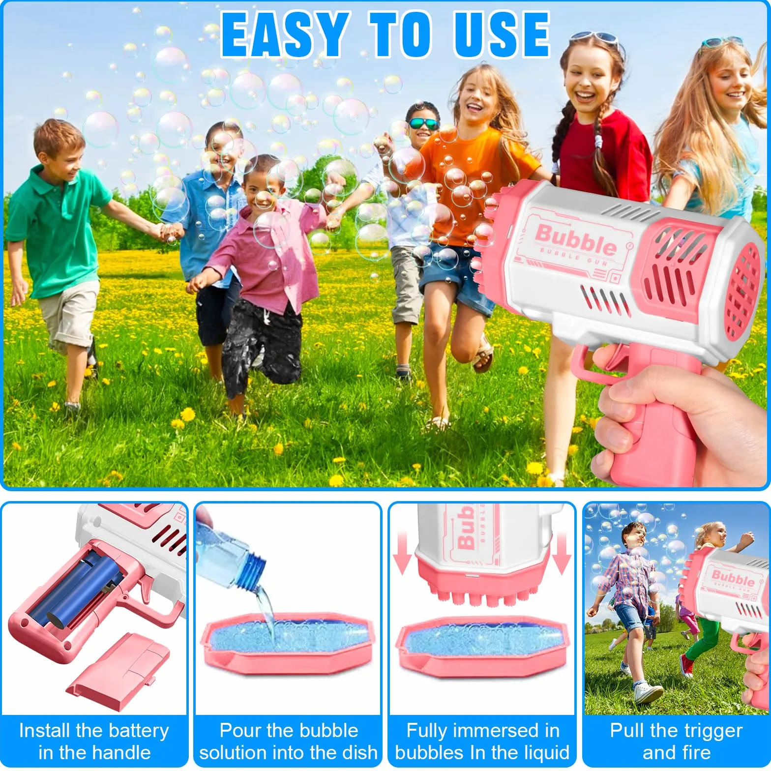 Pistola de Burbujas para Niños, Automática Máquina de Burbujas de Jabón 10000+ Pompas/Min, Máquina Automática de Burbujas Silencioso con Luces para Fiestas Verano Al Aire Libre Regalo Boda