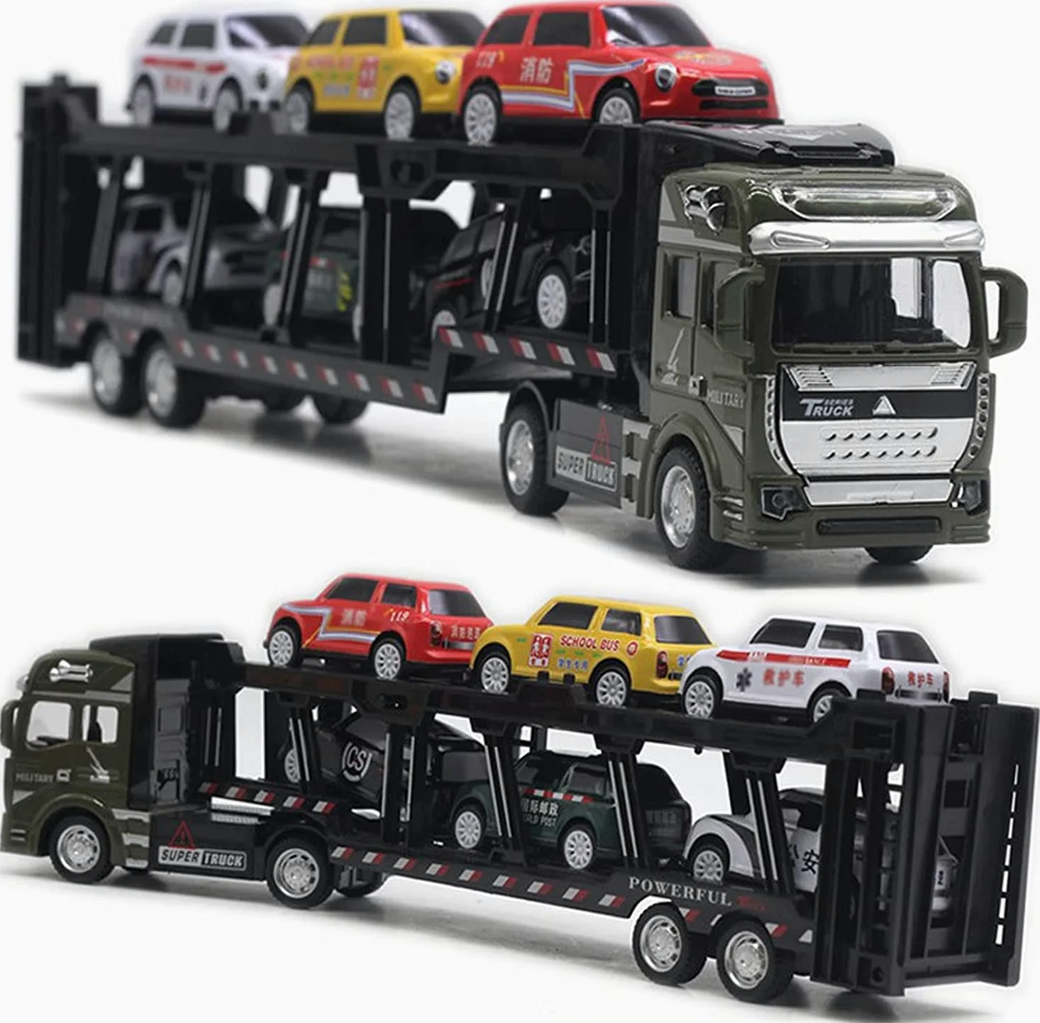 WangXLDD Transportador de Coches de aleación de Doble Capa Plano Grande Tractor camión de Juguete para niños Portador de Coche Modelo niño Regalo de cumpleaños (con 6 Coches extraíbles) (Green)