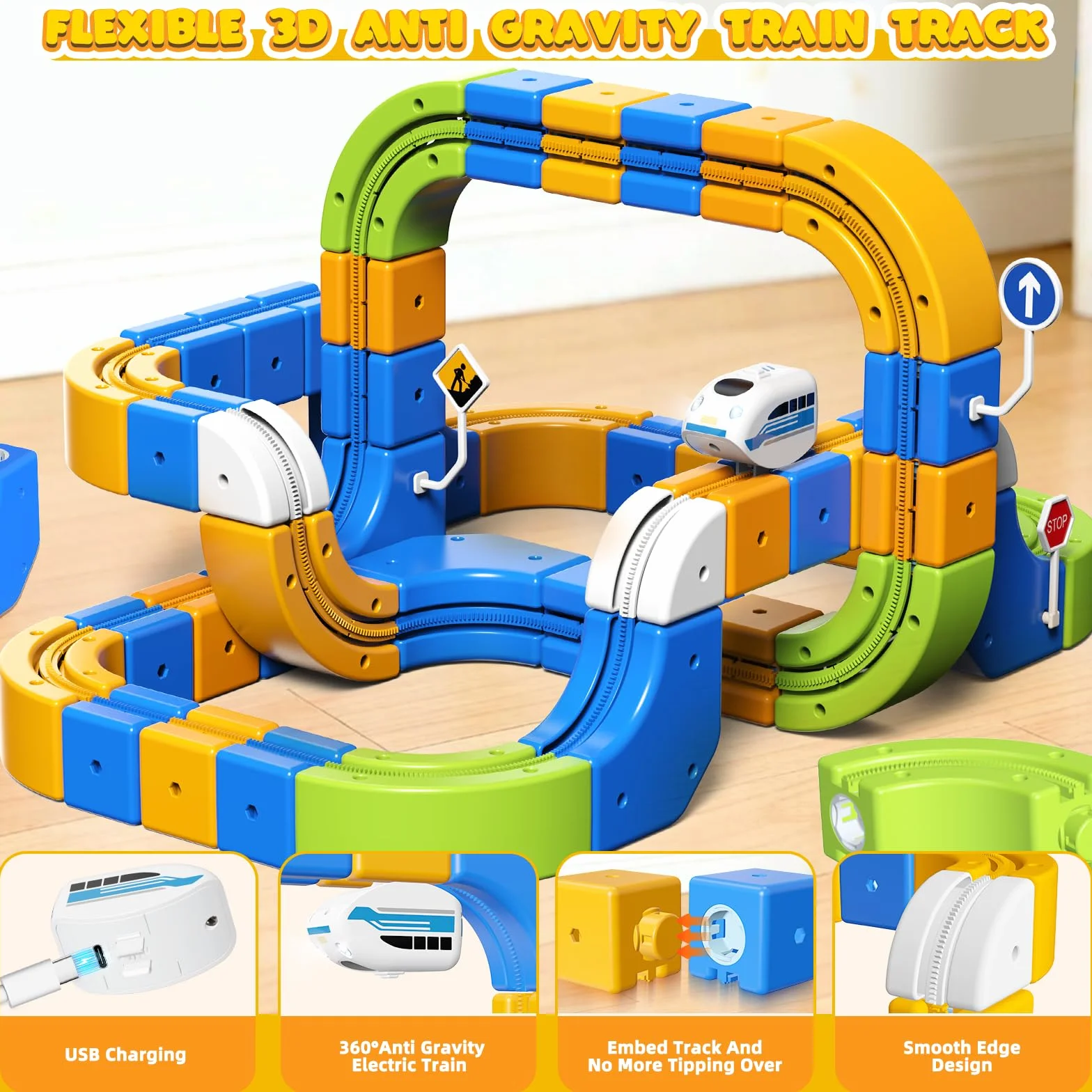 Tren Eléctrico Niños 225 Piezas (80 Vías + 2 Trenes) – Gran Pista Flexible 3D Antigravedad Circuito Tren Electrico, Juego de Construcción Stem DIY, Trenes Motorizados USB, Regalo 3-10 Años