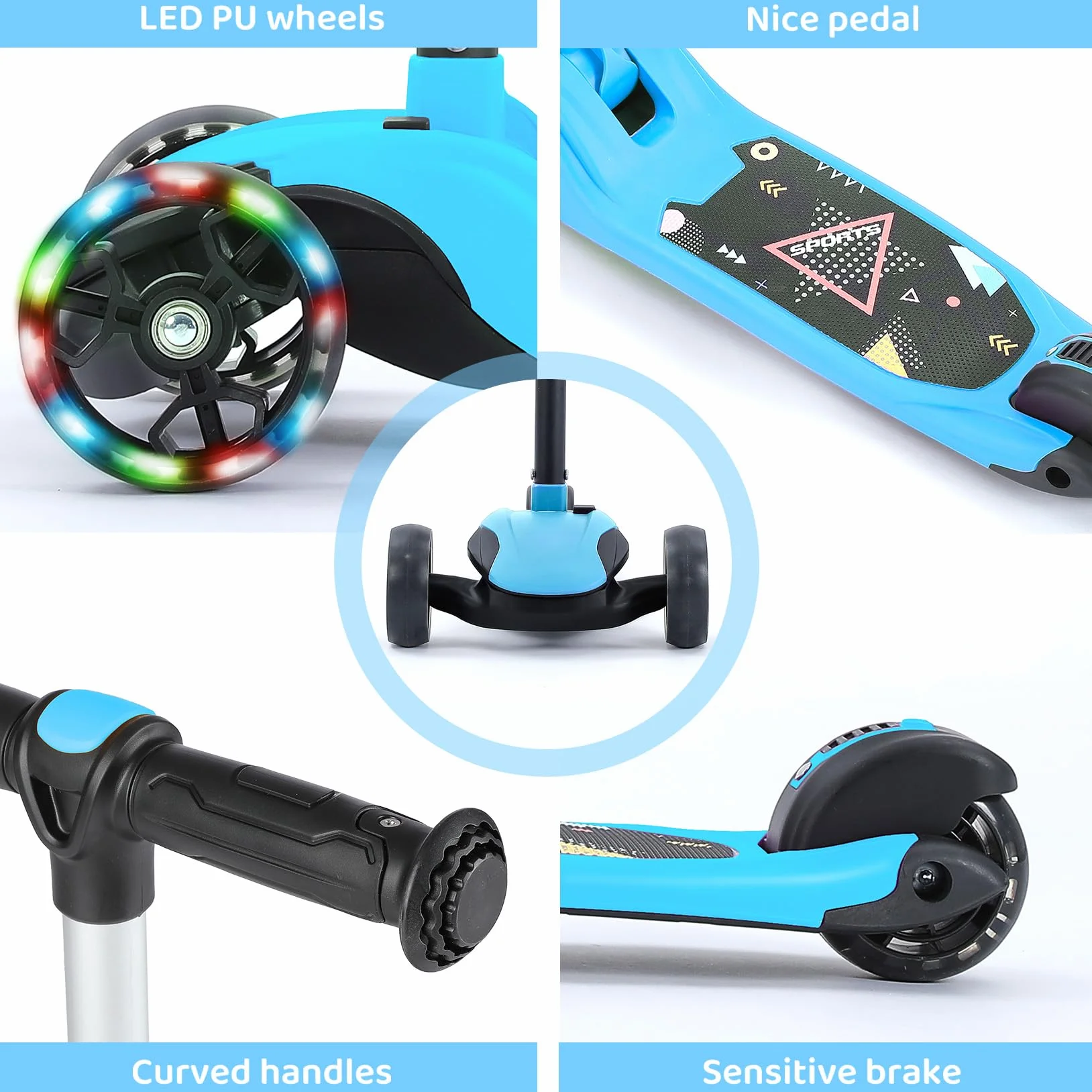 BremToy Patinete para Niños de 1 a 12 Años, Ajuste de Altura Infinito, Patinete con Asiento Extraíble, 3 Ruedas Brillantes LED, Carga Máxima 50KG, Regalos para Niños
