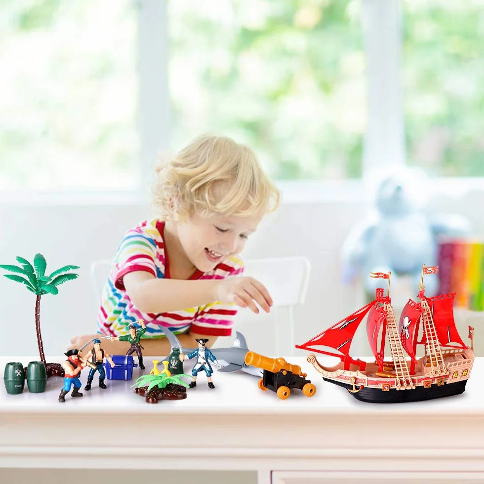 Juguetes de aventura barcos piratas infantiles con muñecas de Acción de plástico máquinas de juego barcos piratas con tiburones,barcos,cañones,árboles y otros accesorios regalos educativos 3-8 años