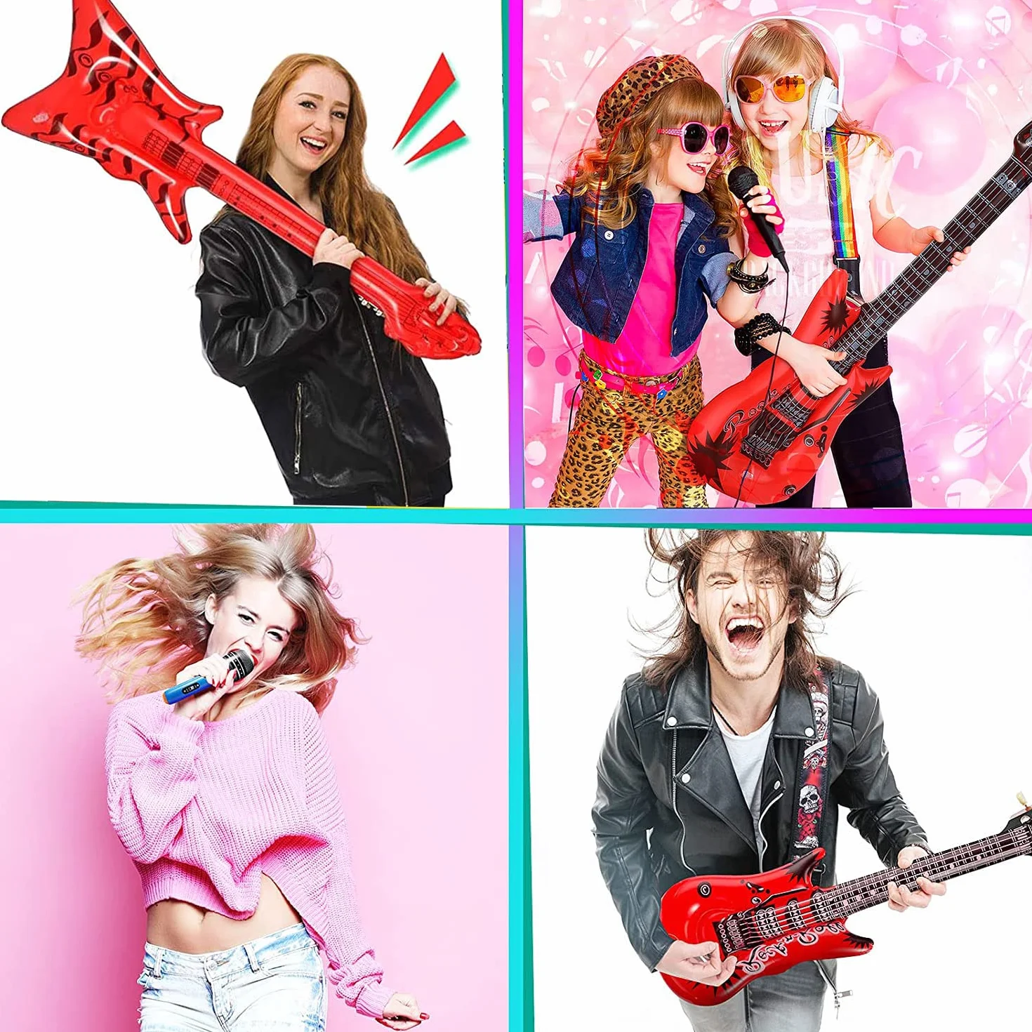 9 Piezas Juguete de Instrumentos Inflable de Gran tamaño,Incluye: 2 x Guitarra Inflable (93 cm), 3 x micrófono Inflable (25 cm), 3 x Gafas.