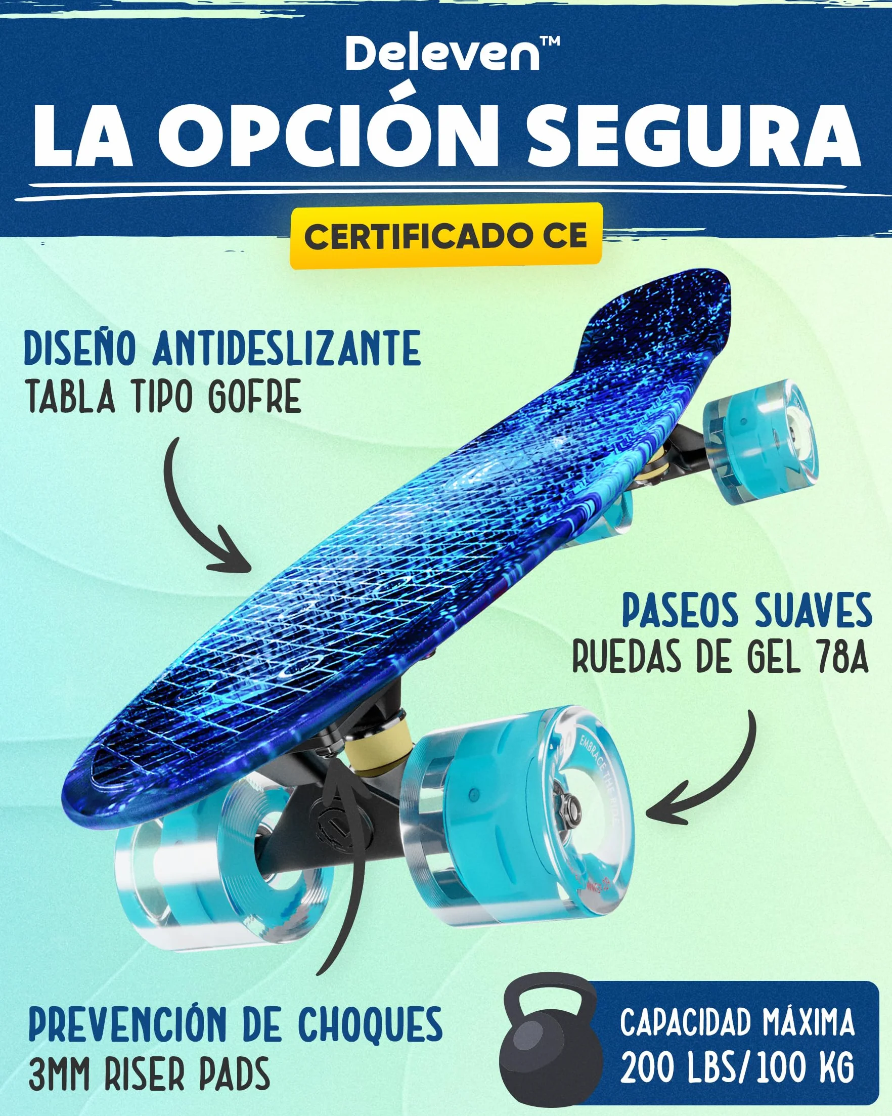 Deleven Monopatín 56cm con Ruedas LED, Herramienta de Skate y Rodamientos ABEC 7 - Skateboard para Niños Principiantes Adolescentes Adultos