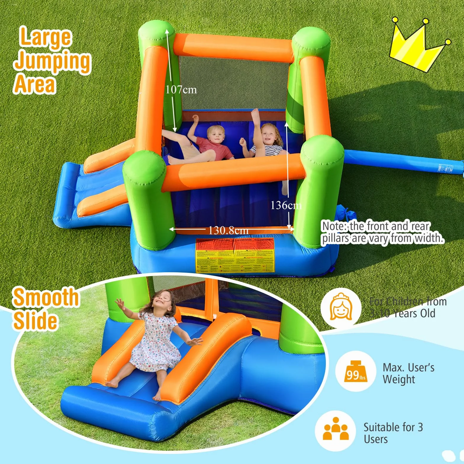 LIFEZEAL Castillo Hinchable, Castillo Hinchable con tobogán, Zona de Salto, Apto para Interior y Exterior, para niños de 3 a 10 años (sin soplador)