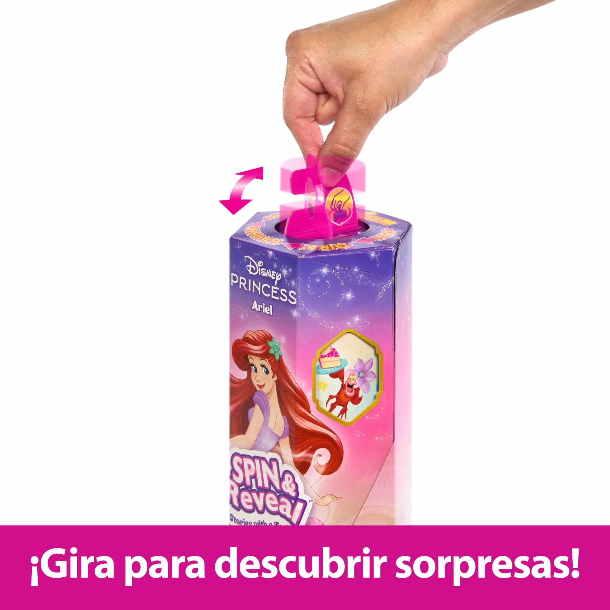 Mattel Disney Princess Spin & Reveal Ariel, Muñeca princesa con falda de flores, incluye 11 sorpresas como 5 accesorios y 5 pegatinas, juguete regalo para niños y niñas +3 años, HTV88