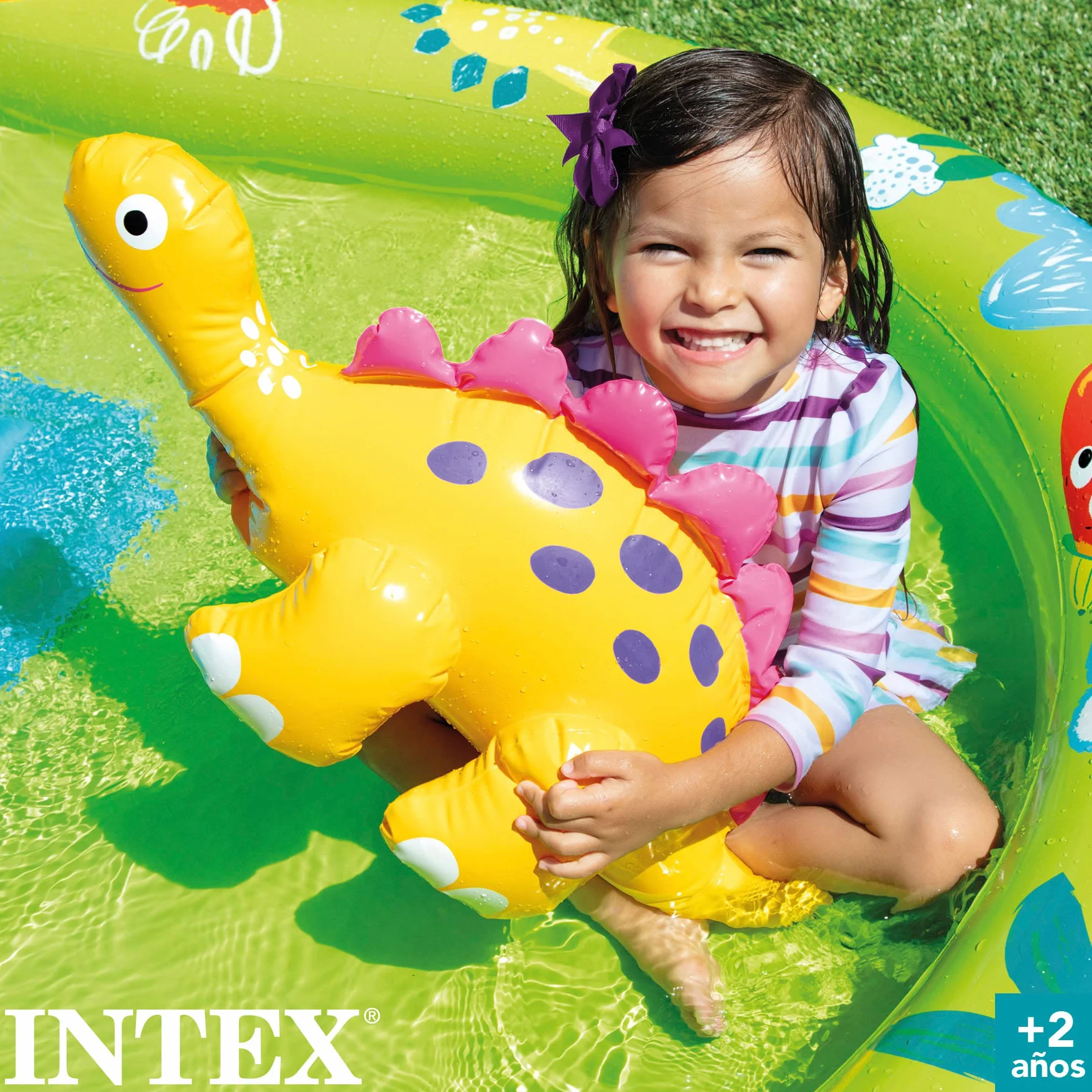 INTEX Piscina infantil hinchable con dispersor de agua y tobogán dinosaurio