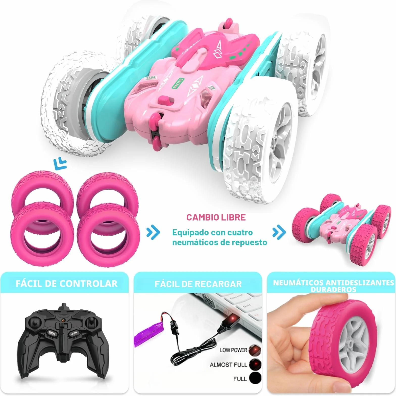 Coche Teledirigido Niños 3 4 5 6 años,4WD 2.4GHz Rosa RC Coche Radiocontrol,Regalo Niña 3-12 Años Juegos Niños 3-10 Años Niños Juegos Exterior Niñas y Niños