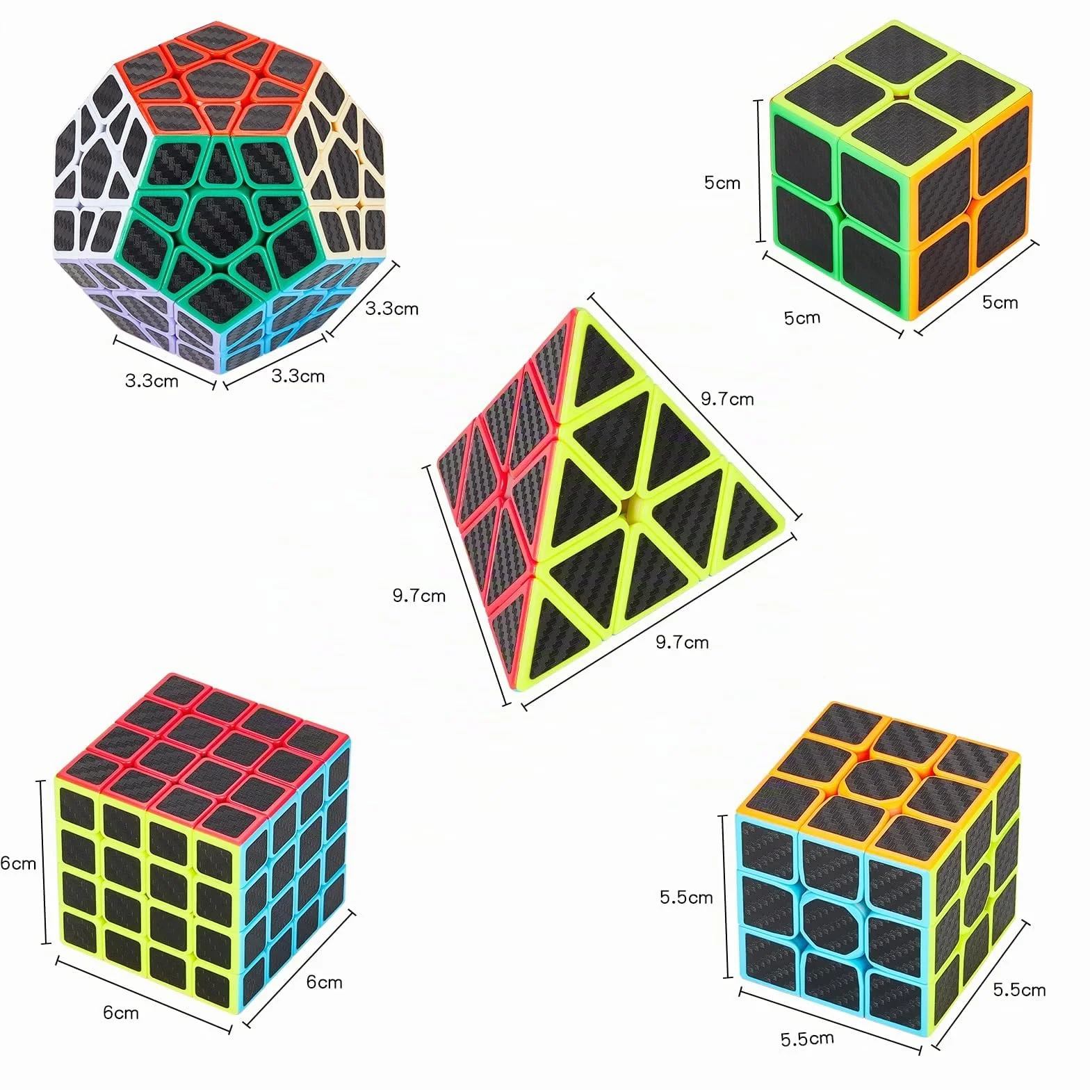 Coolzon Speed Cube Set de Pyraminx + Megaminx + 2x2 + 3x3 + 4x4 Magic Puzzle Cubes 5 Pack Cubo Mágico para Niño Adulto con Adhesivo de Carbono Fibra
