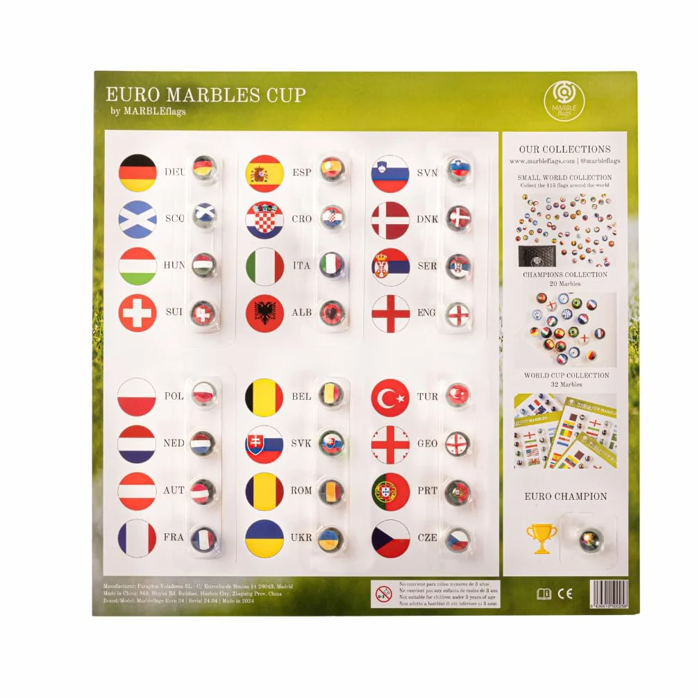 Colección Eurocopa 25 Canicas de Cristal con Banderas de Países del Mundial de Fútbol - 16 mm Ideal para Circuitos y Carreras