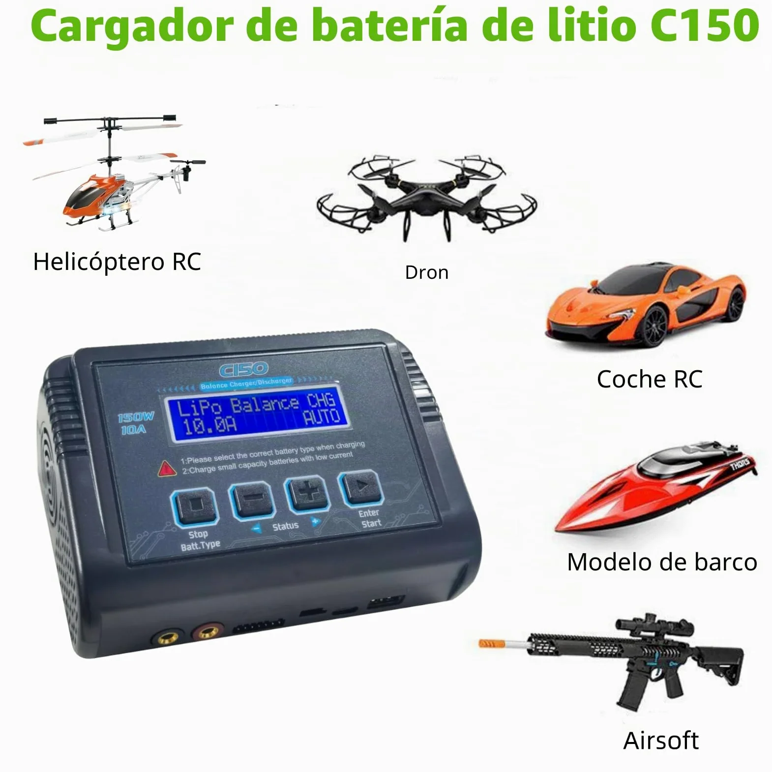 Cargador/descargador Inteligente de baterías de Litio C150 de 150 W y 10 A, Cargador RC para baterías LiPo, Li-Ion, Life, LiHV, NiMH, NiCd y PB, con Control por Pantalla LCD, múltiples interfaces