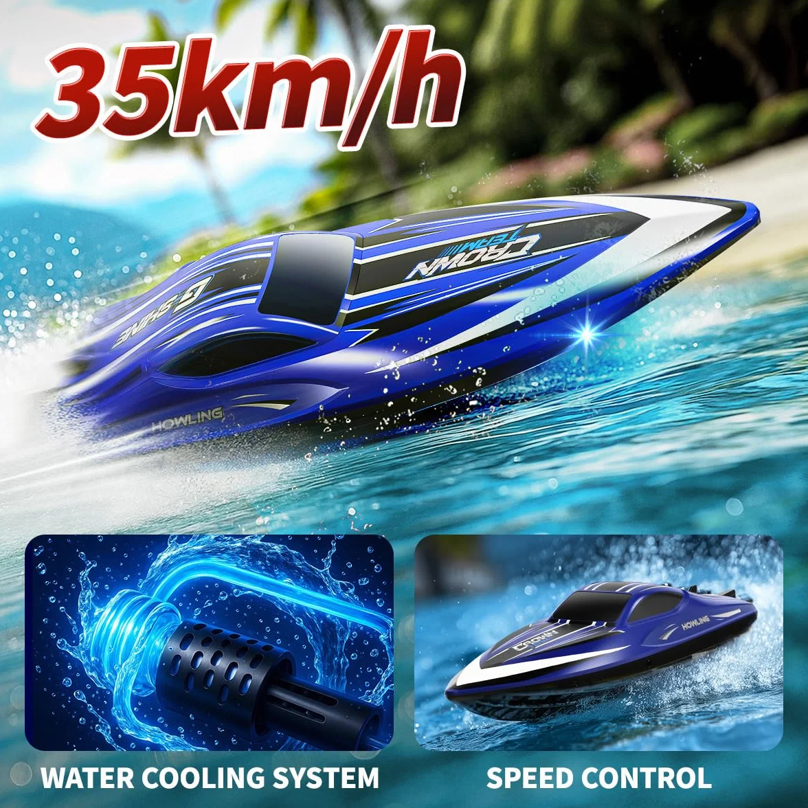 Barco teledirigido RC 35 km/h,barco de control remoto rápido e impermeable 2.4GHz,LED, Función de volteo,alarma de batería y alcance,2 baterías ,para niños y adultos, piscina y lago,Regalos divertidos