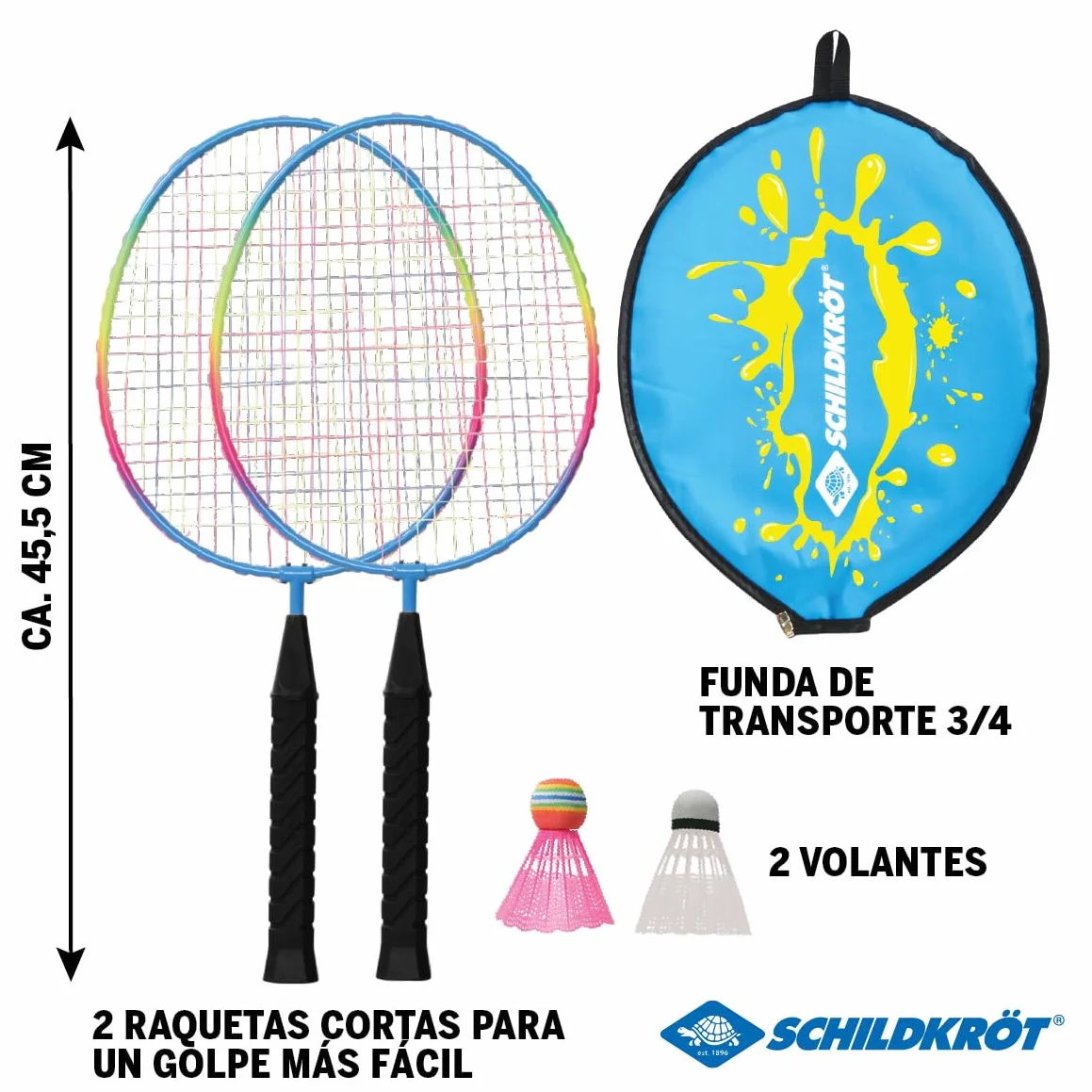 Schildkröt Set de Bádminton Junior 2 Raquetas Acortadas 45,5 cm 2 Volantes Funda de Transporte