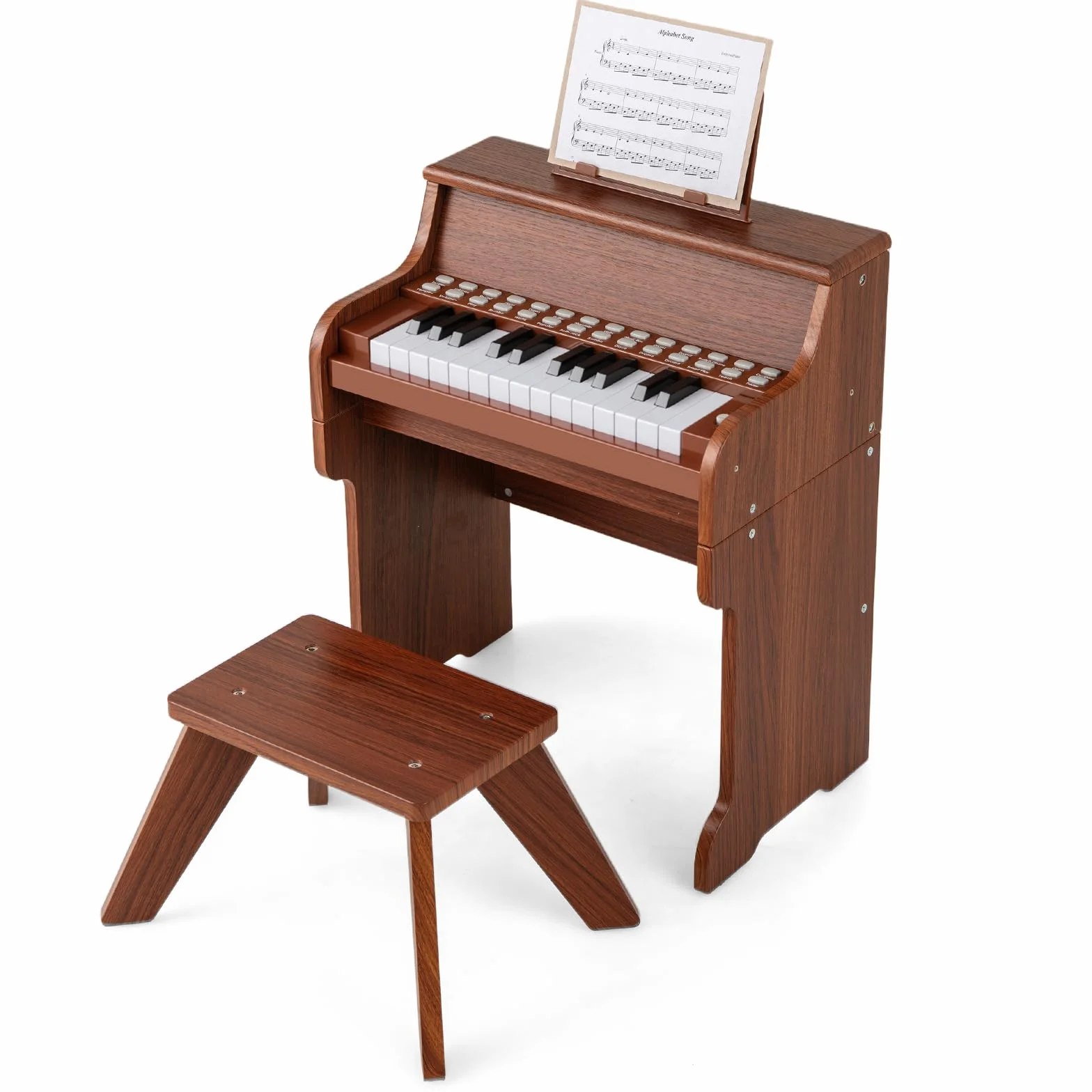 COSTWAY Piano Infantil de 25 Teclas con Taburete y Atril, Órgano Electrónico Niños con Velocidad y Volumen Ajustables, Modo de Enseñanza, Marco Madera, Instrumento Musical para Niños 3+ Años (Marrón)